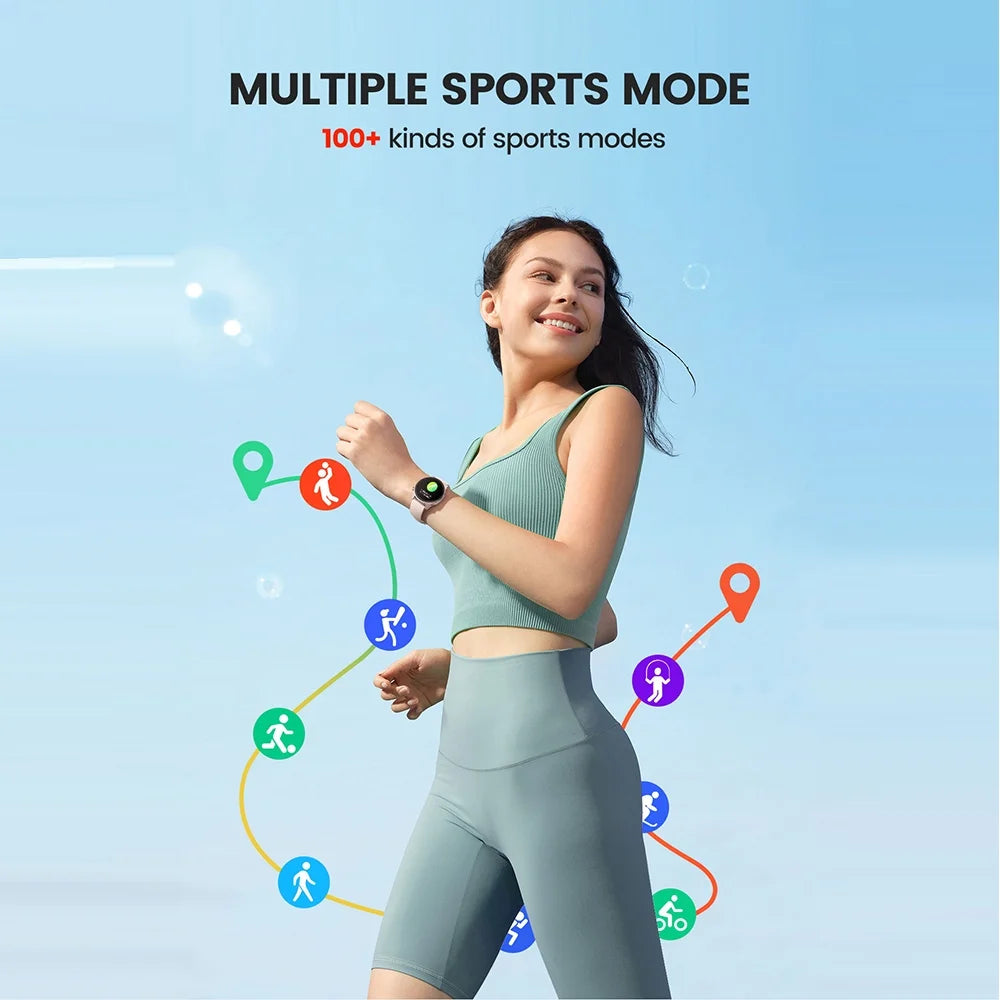 Woman wearing 1.85 inch smart watch for men by craques showing multiple sports mode features