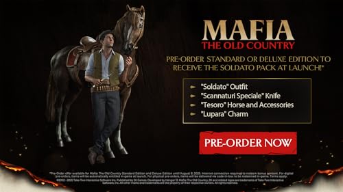 Mafia The Old Country PS5 game pre-order banner with character standing next to horse and game edition details