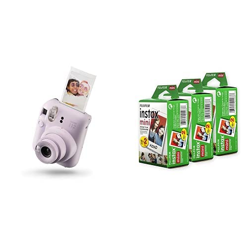 Fujifilm Instax Mini 12 instant camera in lavender with three packs of Fujifilm Instax Mini instant film