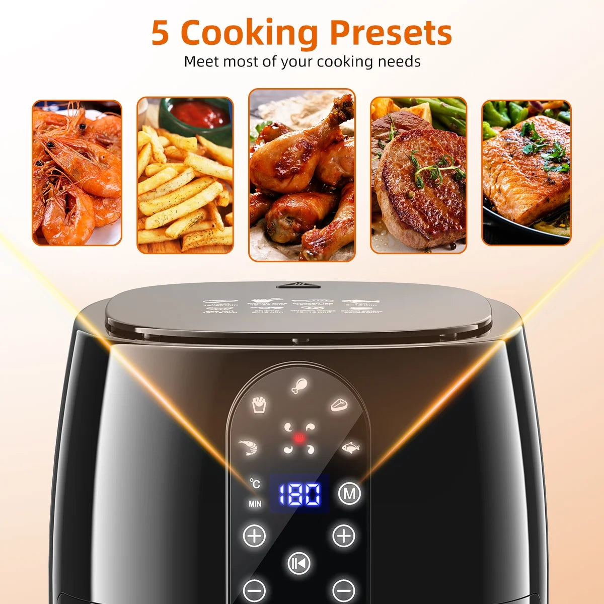 Craques 5.2QT air fryer oven with digital touchscreen and five cooking presets for shrimp fries chicken steak and salmon