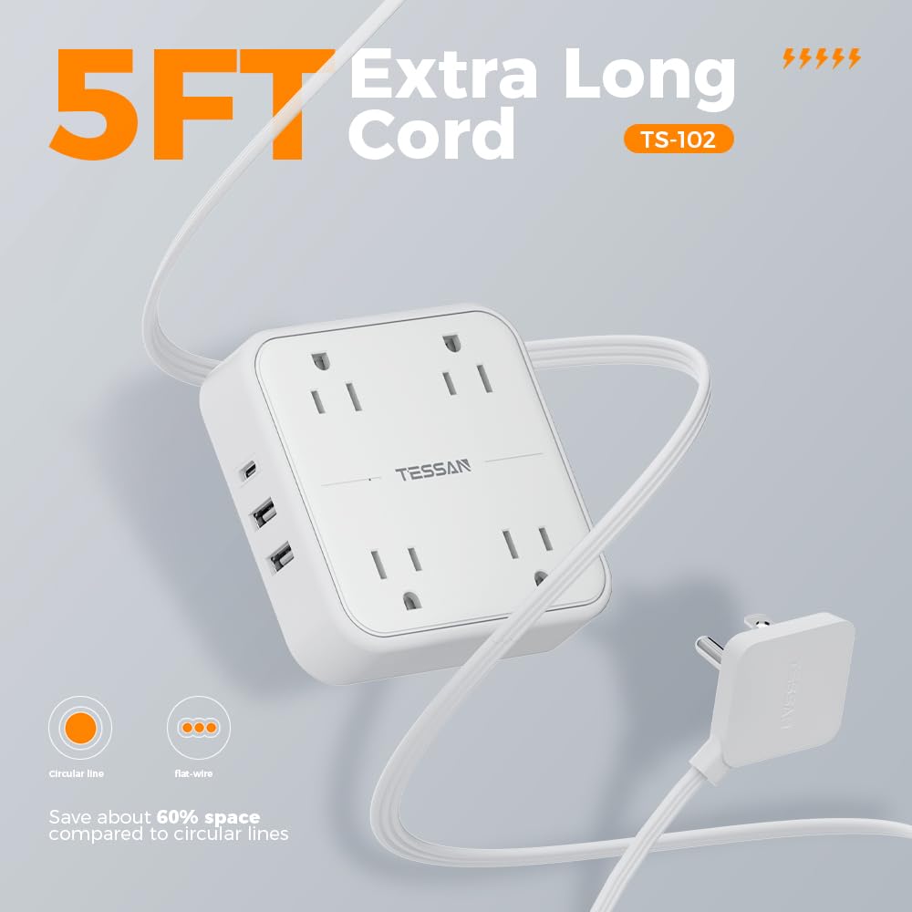 Flat Plug Extension Cord Indoor 5 Feet, Power Bars with Surge Protector - craques