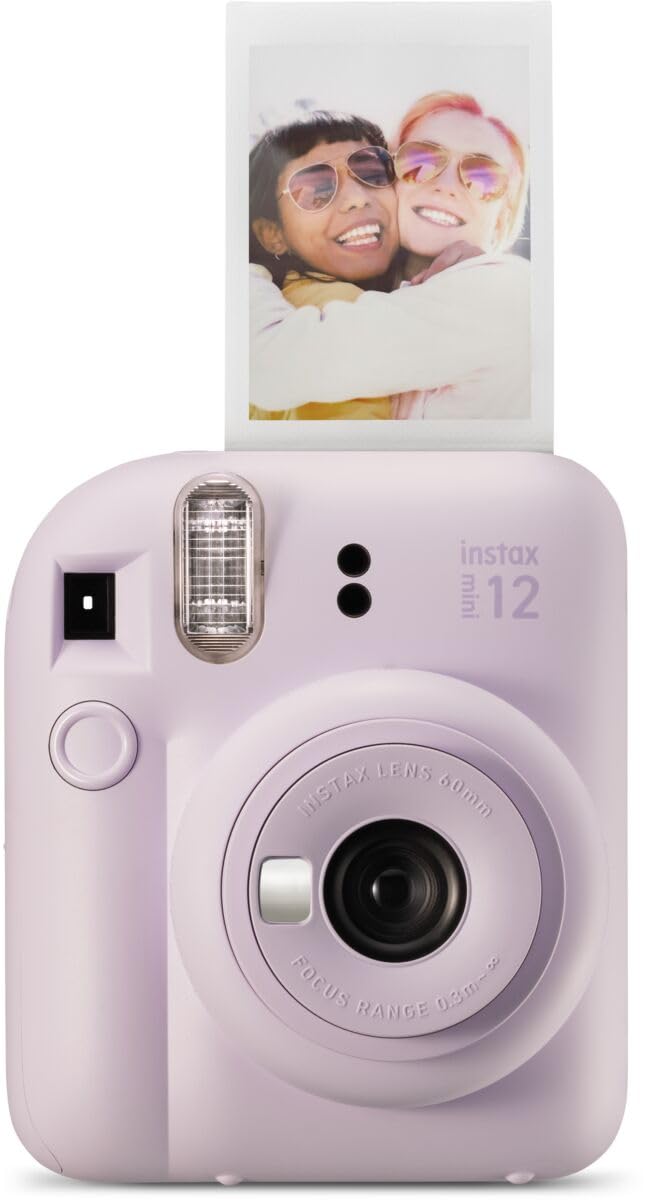 Lavender Fujifilm Instax Mini 12 instant camera with printed photo of two friends smiling