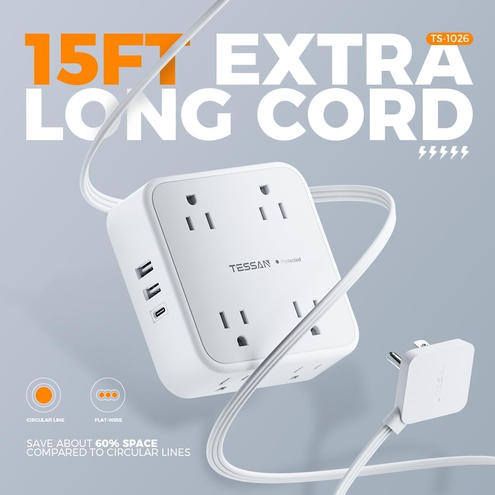 Flat Plug Extension Cord Indoor 5 Feet, Power Bars with Surge Protector - craques