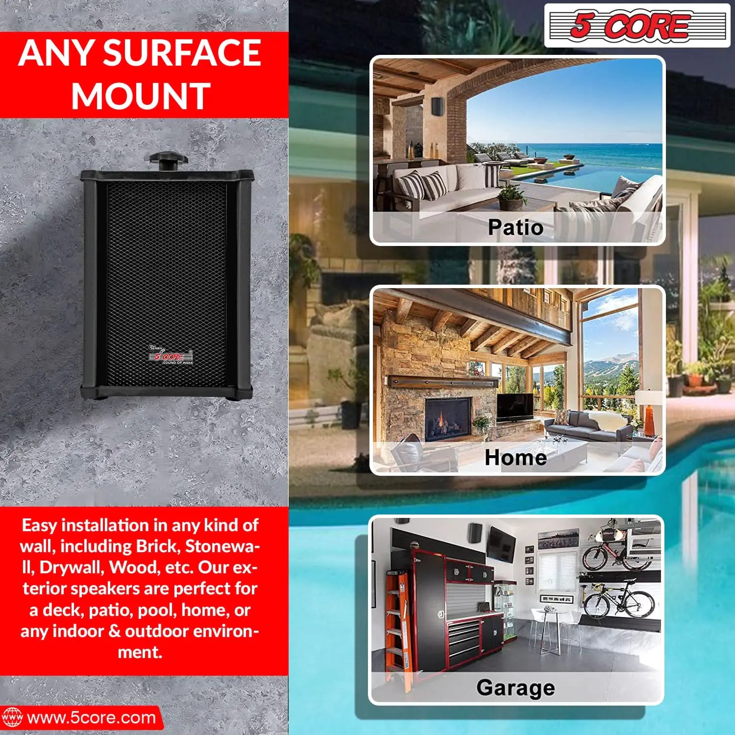 Craques outdoor stereo wall speakers mounted on various surfaces like patio, home, and garage walls