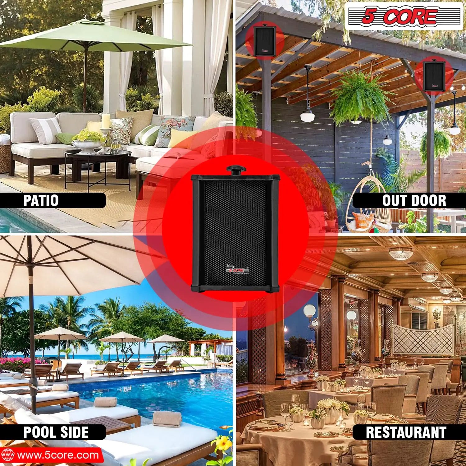Craques outdoor stereo wall speakers installed in patio, poolside, outdoor, and restaurant settings