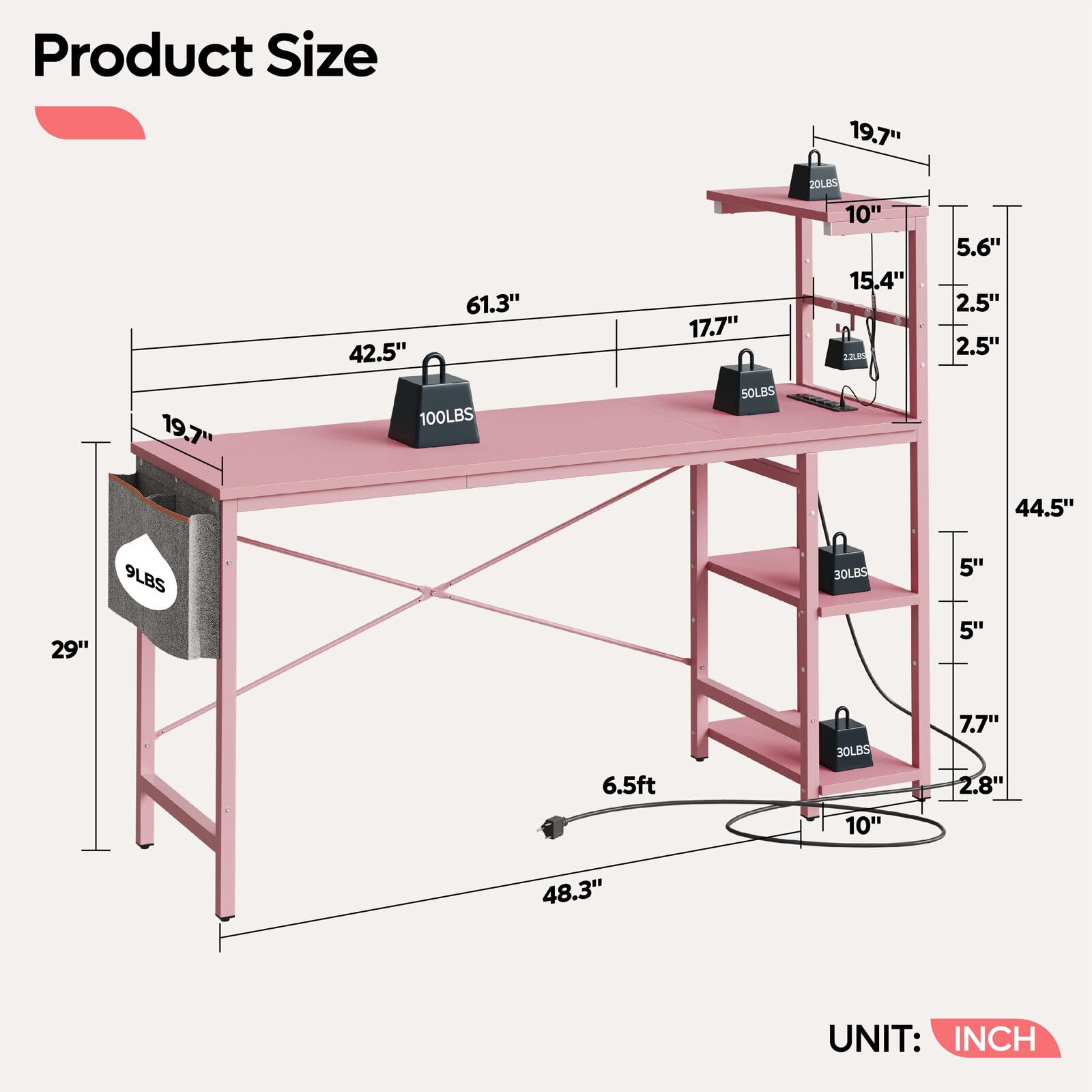Bestier 61 Inch Gaming Desk with Power Outlets, Large LED Gamer Desk - craques