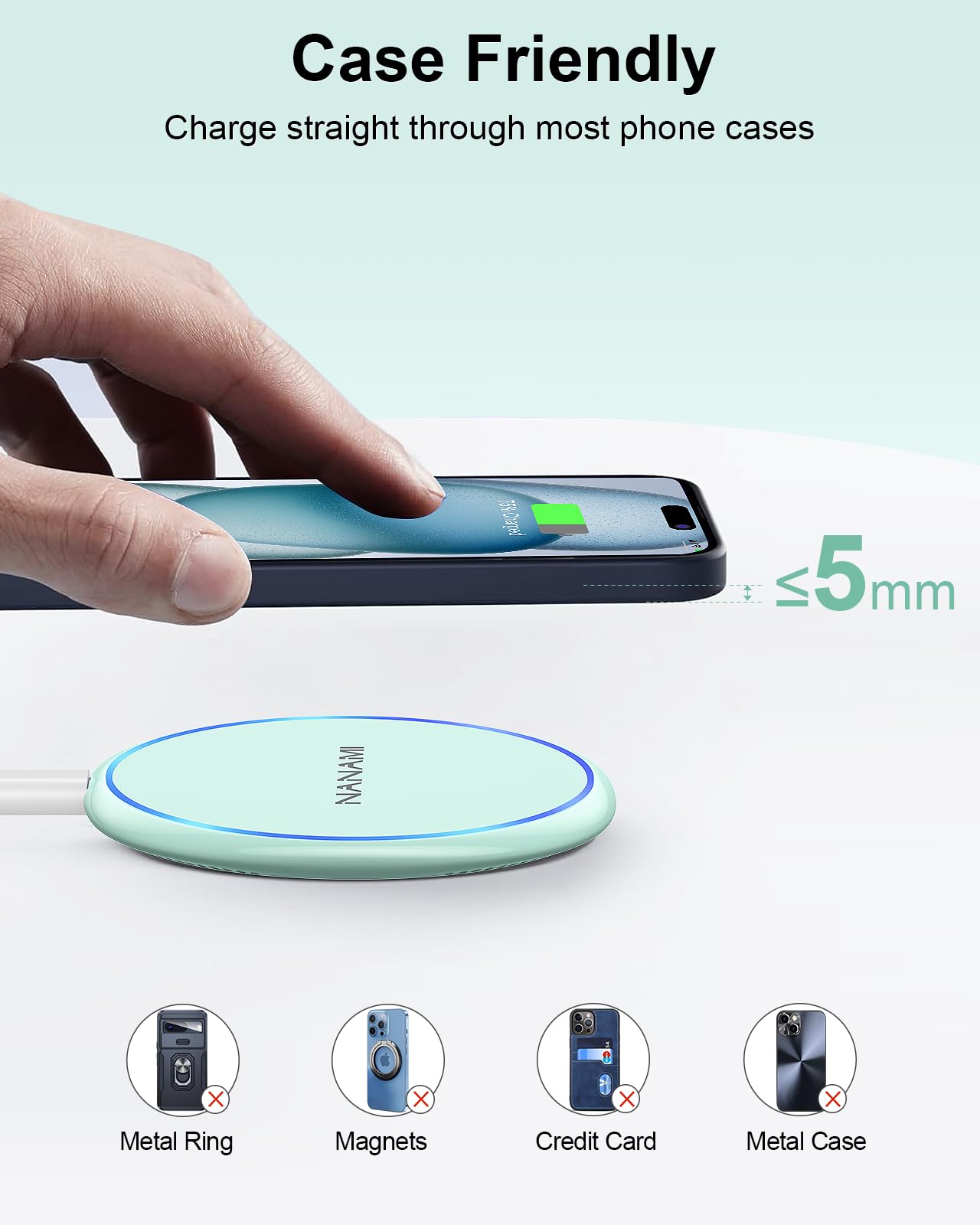 Fast Wireless Charger, NANAMI 15W Max Qi Charging Pad for iPhone 16/15 Pro Max/14 Plus/13/12 Mini/11/XR/XS/X/8