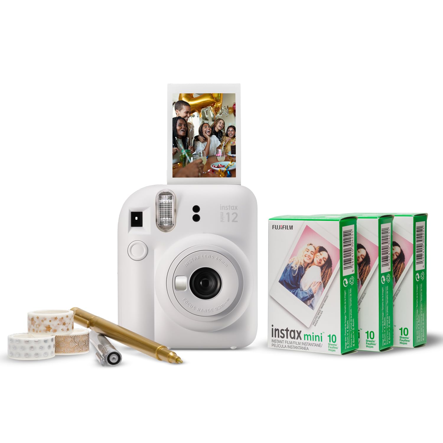 White Fujifilm Instax Mini 12 instant camera with three packs of instant film and decorative pens