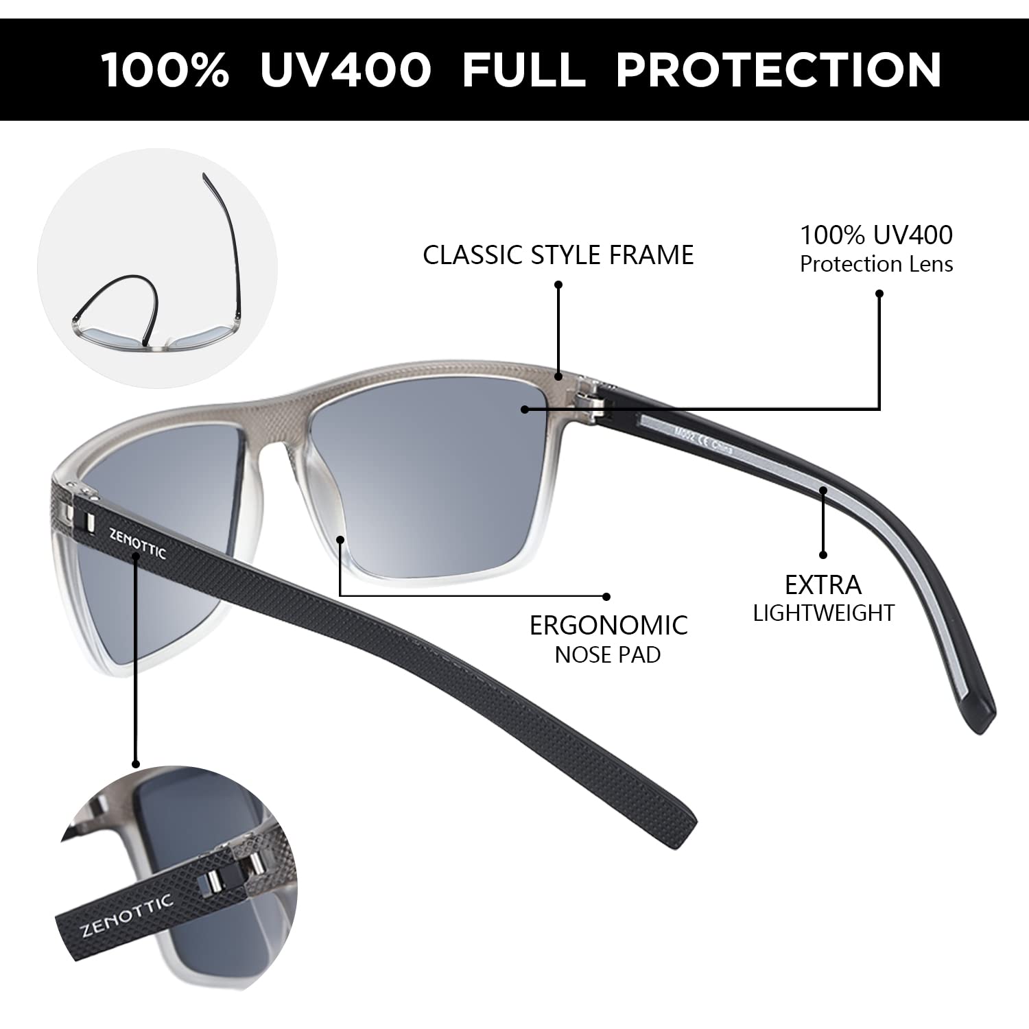 ZENOTTIC Polarized Sunglasses for Men Lightweight TR90 Frame UV400 Protection Square Sun Glasses craques