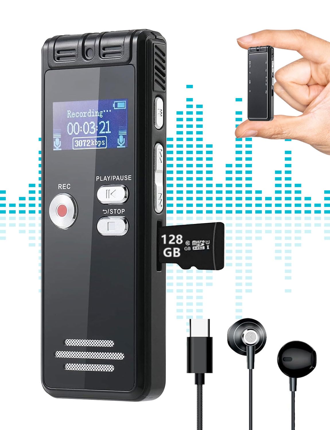 craques 64GB digital voice recorder with LCD screen, built-in microphone, microSD slot, USB cable, and earbuds