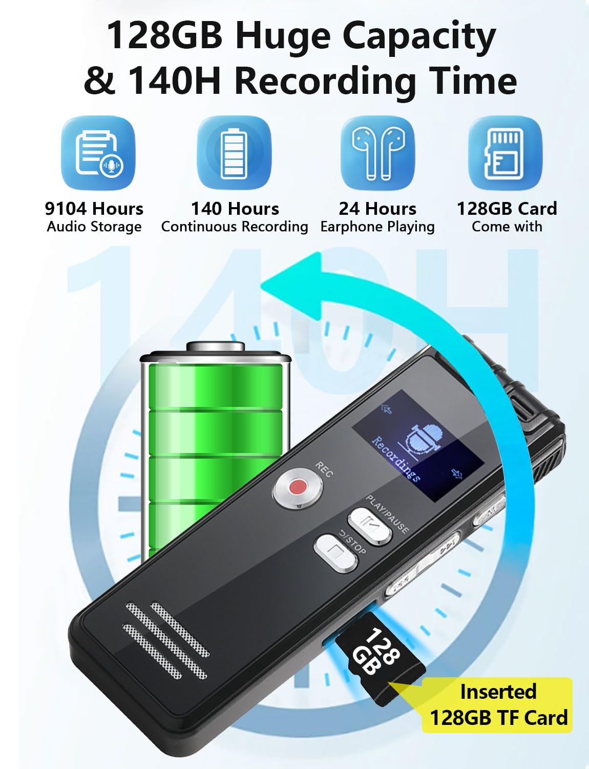 CRAQUES 64GB digital voice recorder with 128GB TF card for extended audio storage and 140 hours recording time