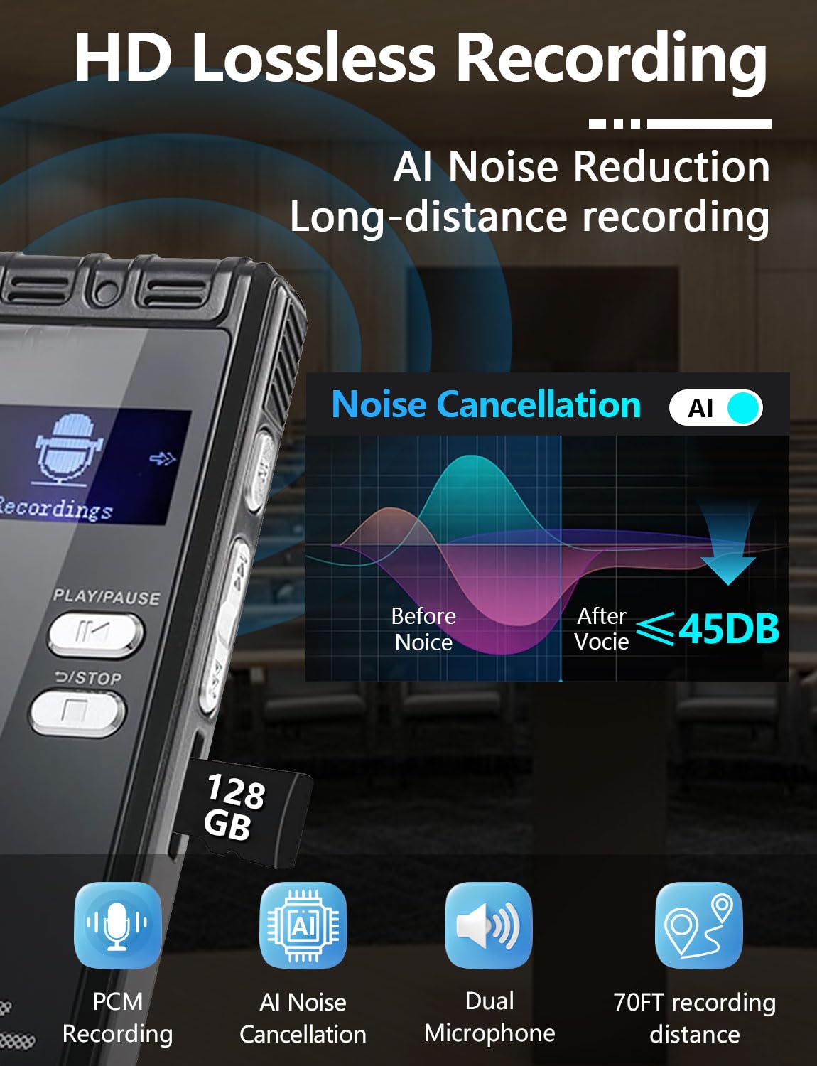 Craques 64GB digital voice recorder with AI noise reduction dual microphone and 70FT recording distance