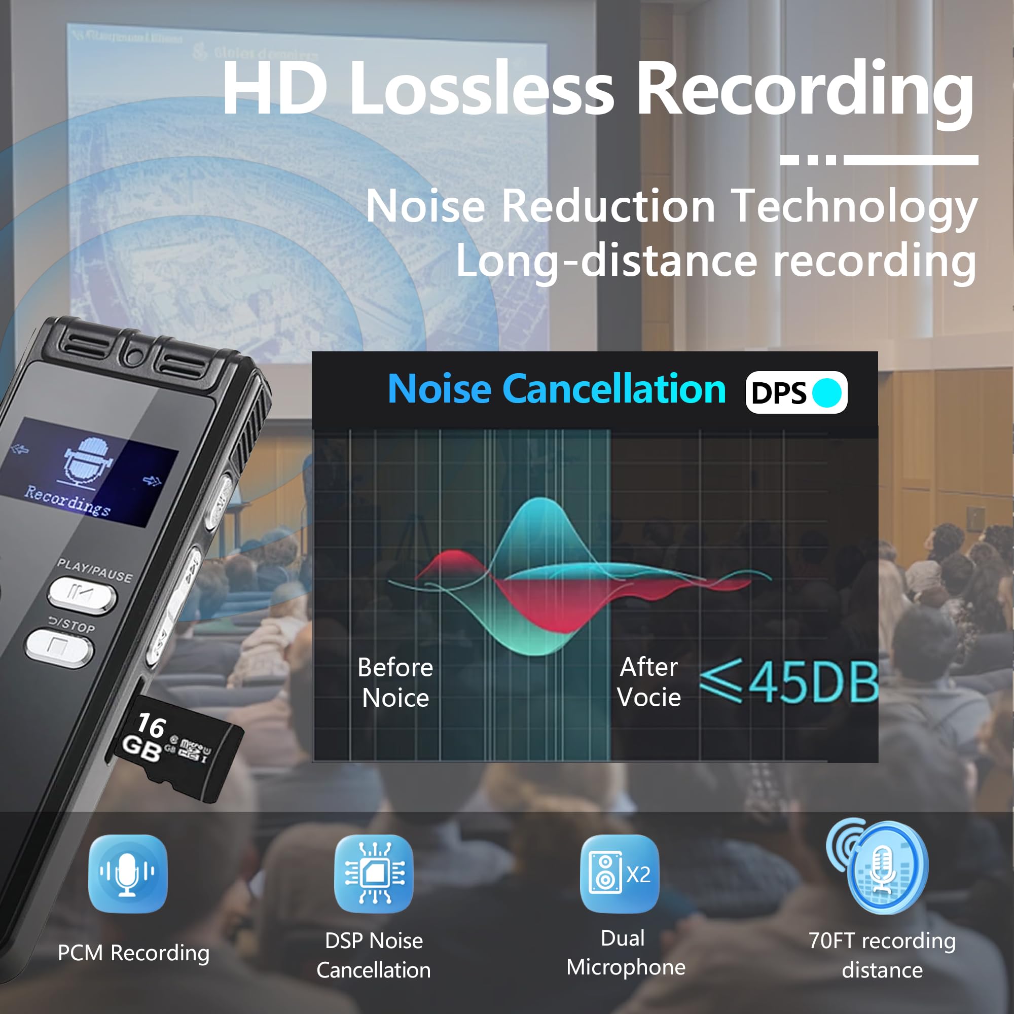 Craques 64GB digital voice recorder with HD lossless recording noise reduction and long-distance recording features