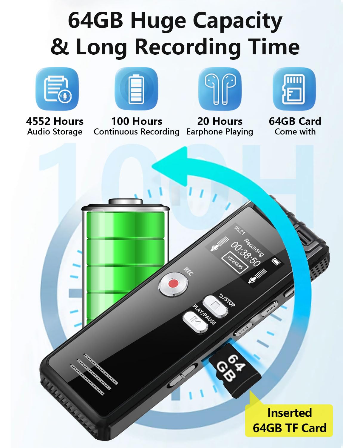 Craques 64GB digital voice recorder with long battery life and inserted 64GB TF card