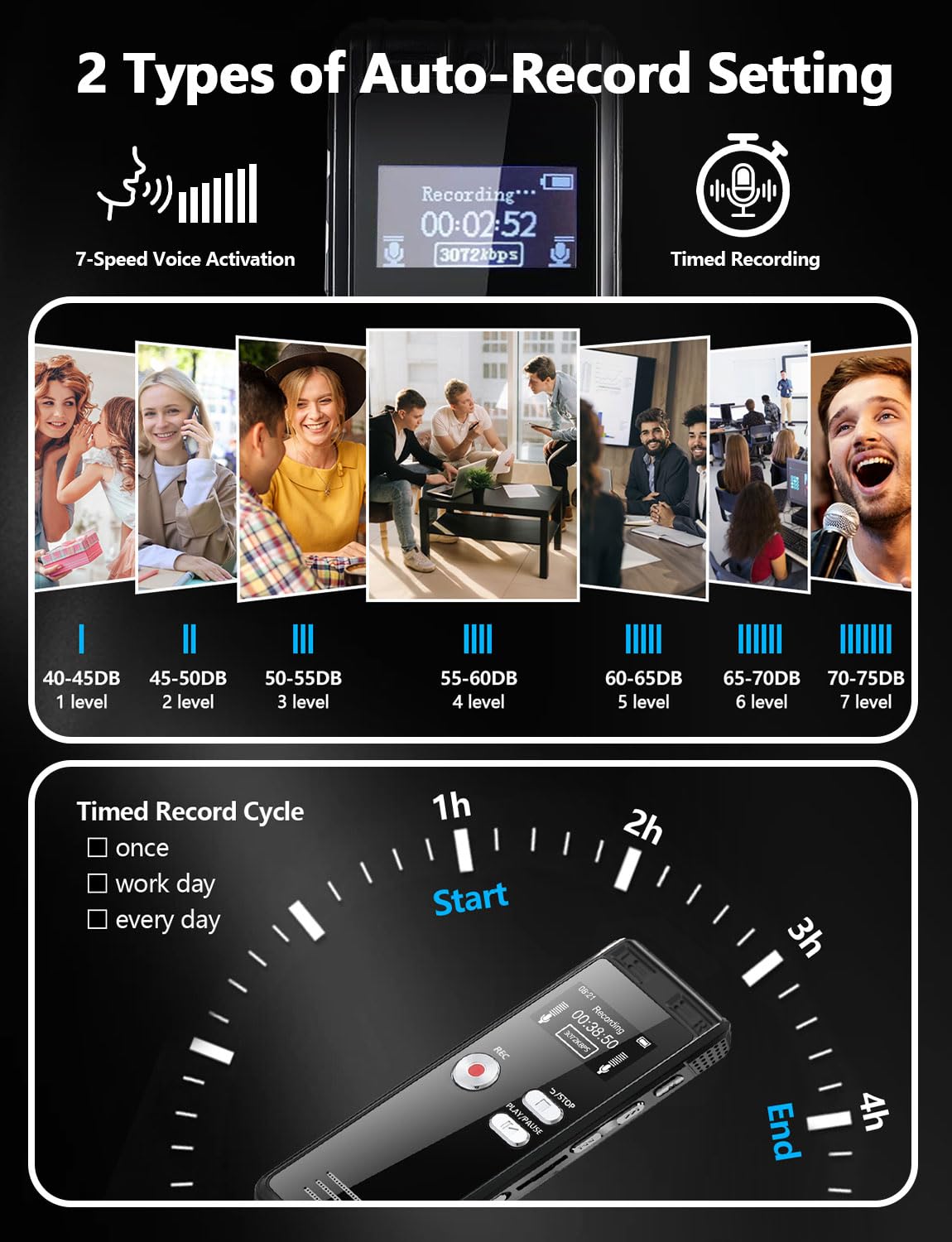 Craques 64GB digital voice recorder showing auto-record settings with voice activation and timed recording features