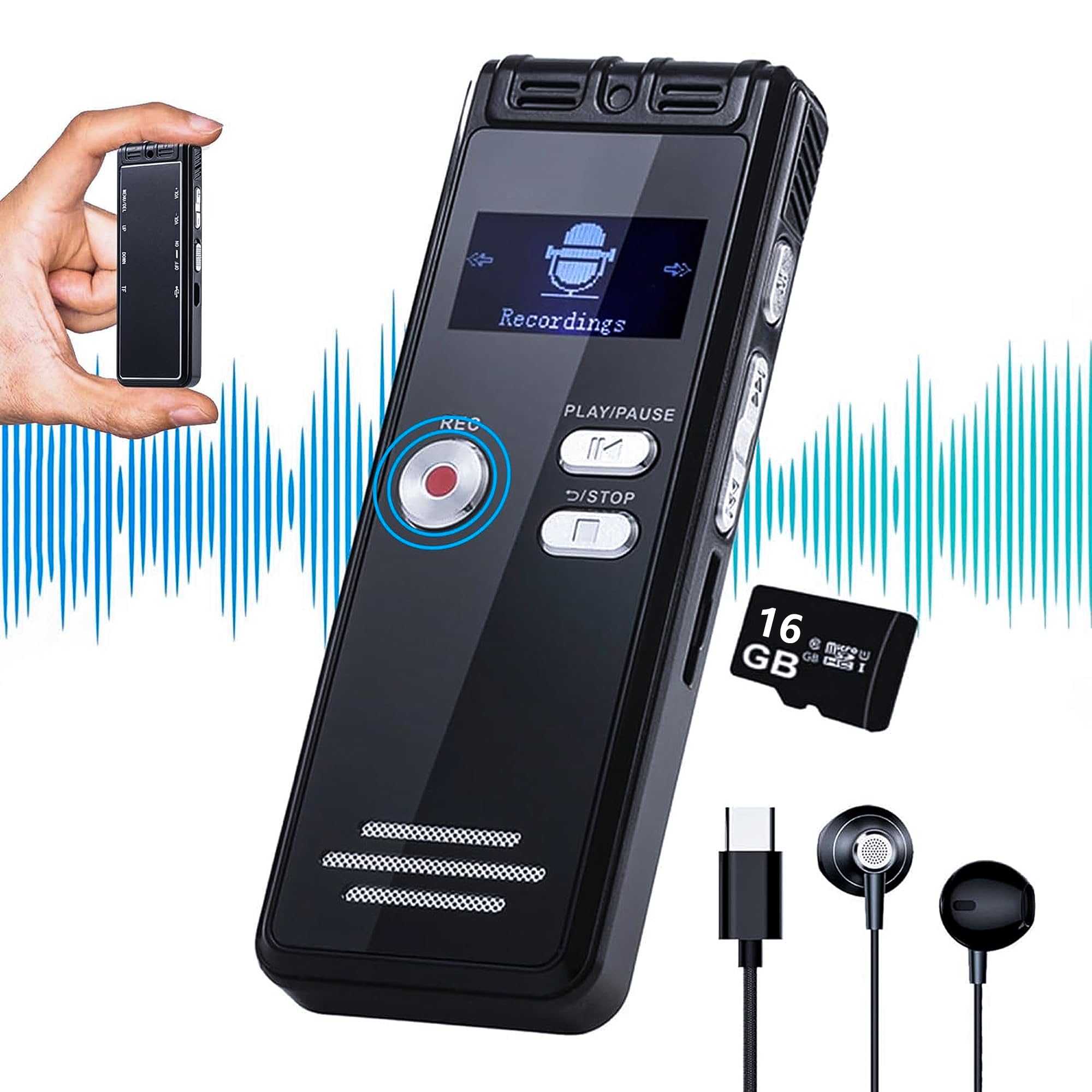 Craques 64GB digital voice recorder with microphone, earphones, and USB charging cable