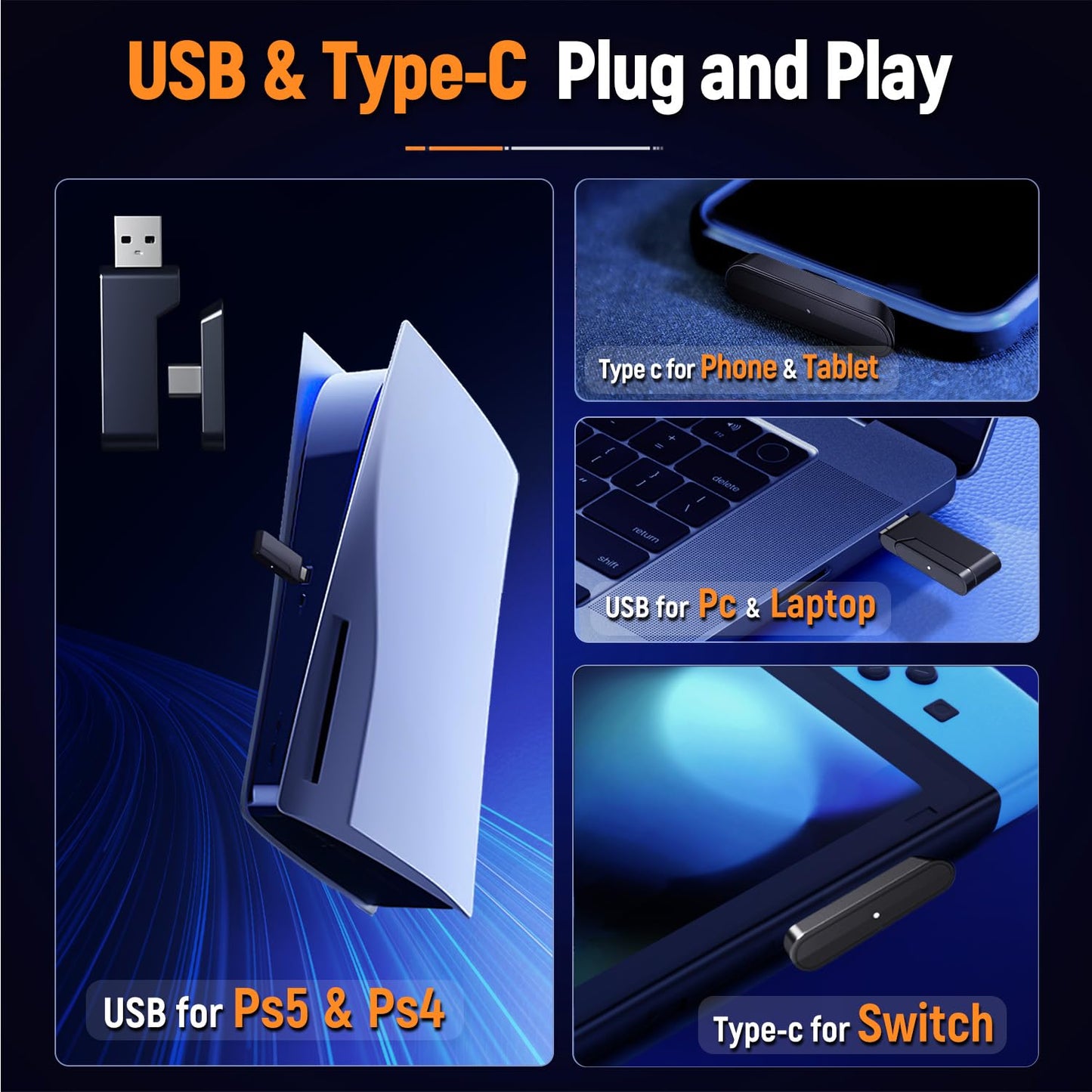 Ozeino Wireless Gaming Headset for PC, Ps5, Ps4 -USB & Type-C