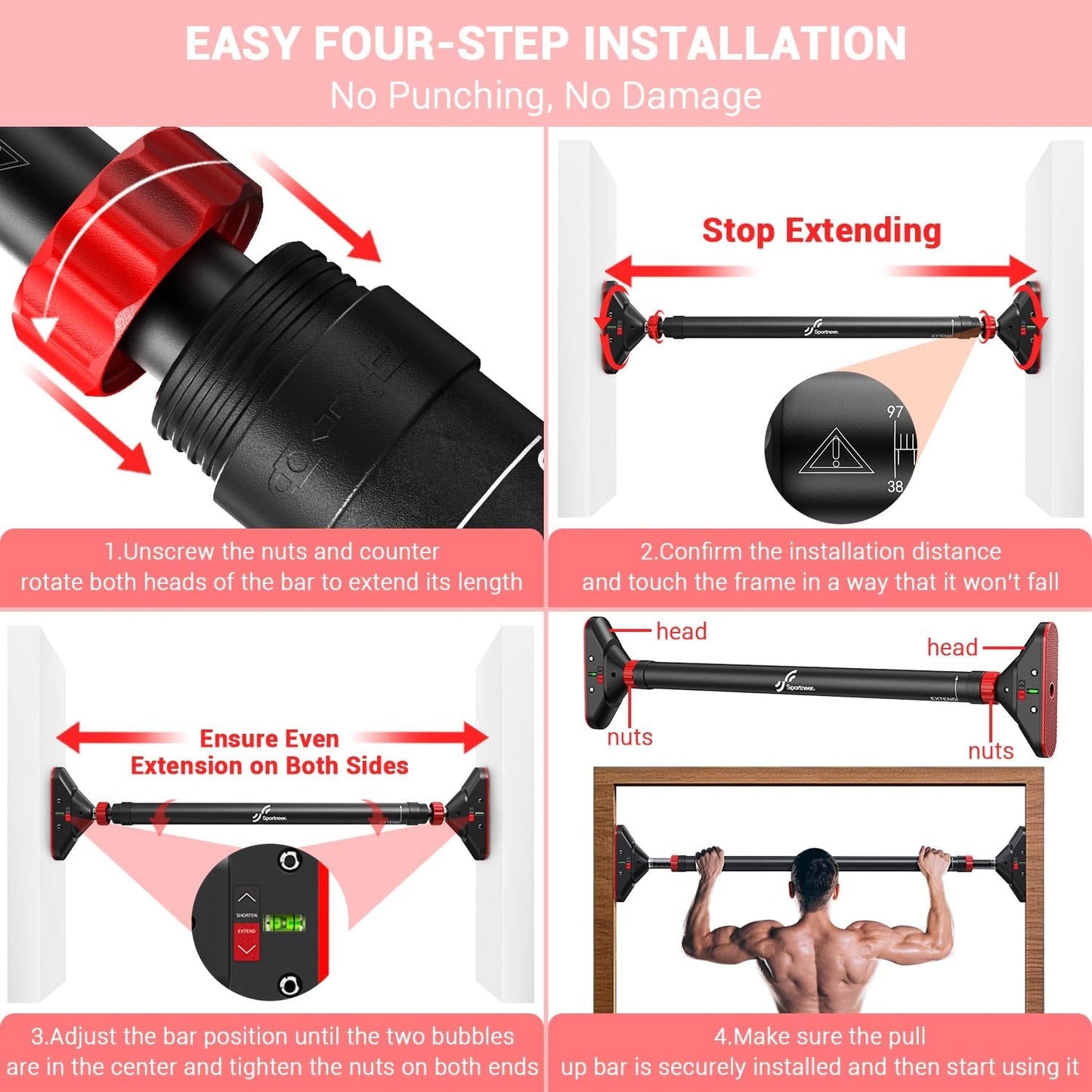 Sportneer Pull Up Bar: Strength Training Chin up Bar without Screws