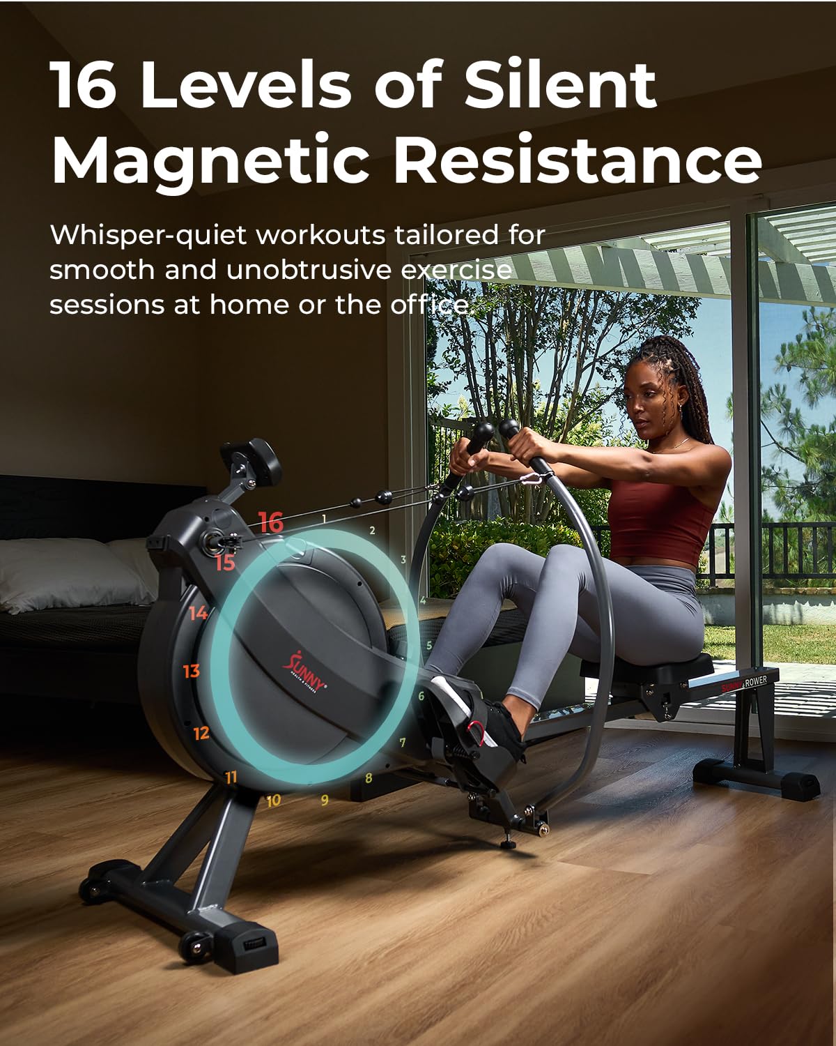 Sunny Health & Fitness Smart Compact Full Motion Rowing Machine, Full-Body Workout - craques