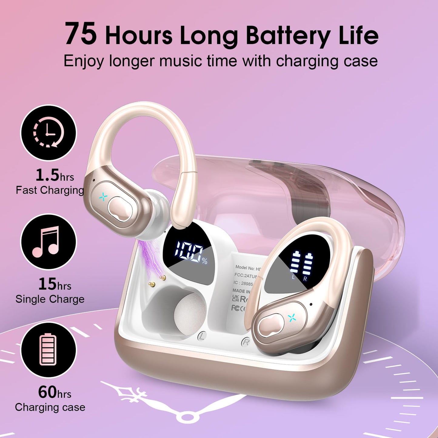 Wireless Earbuds 75hrs Bluetooth 5.4 Headphone Sport