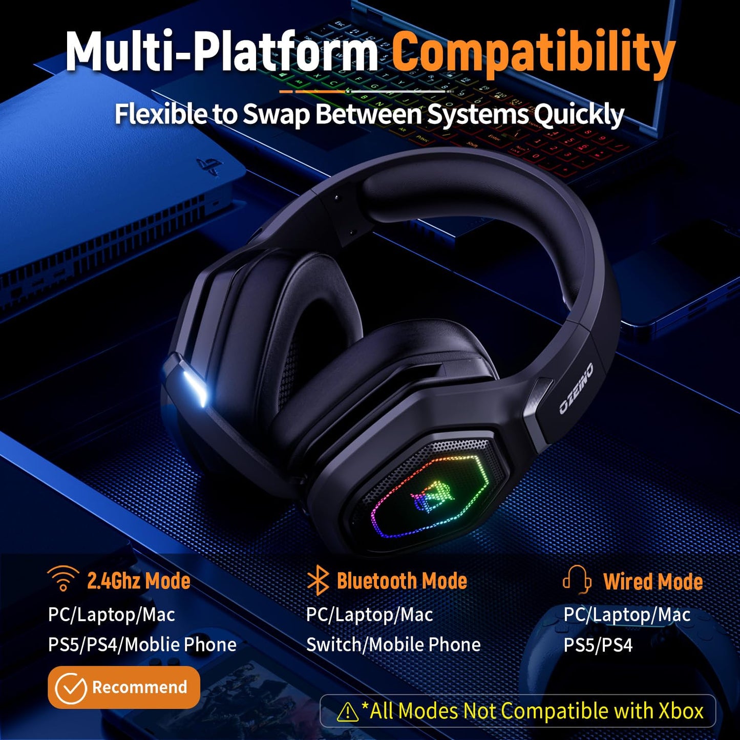 Ozeino Wireless Gaming Headset for PC, Ps5, Ps4 -USB & Type-C