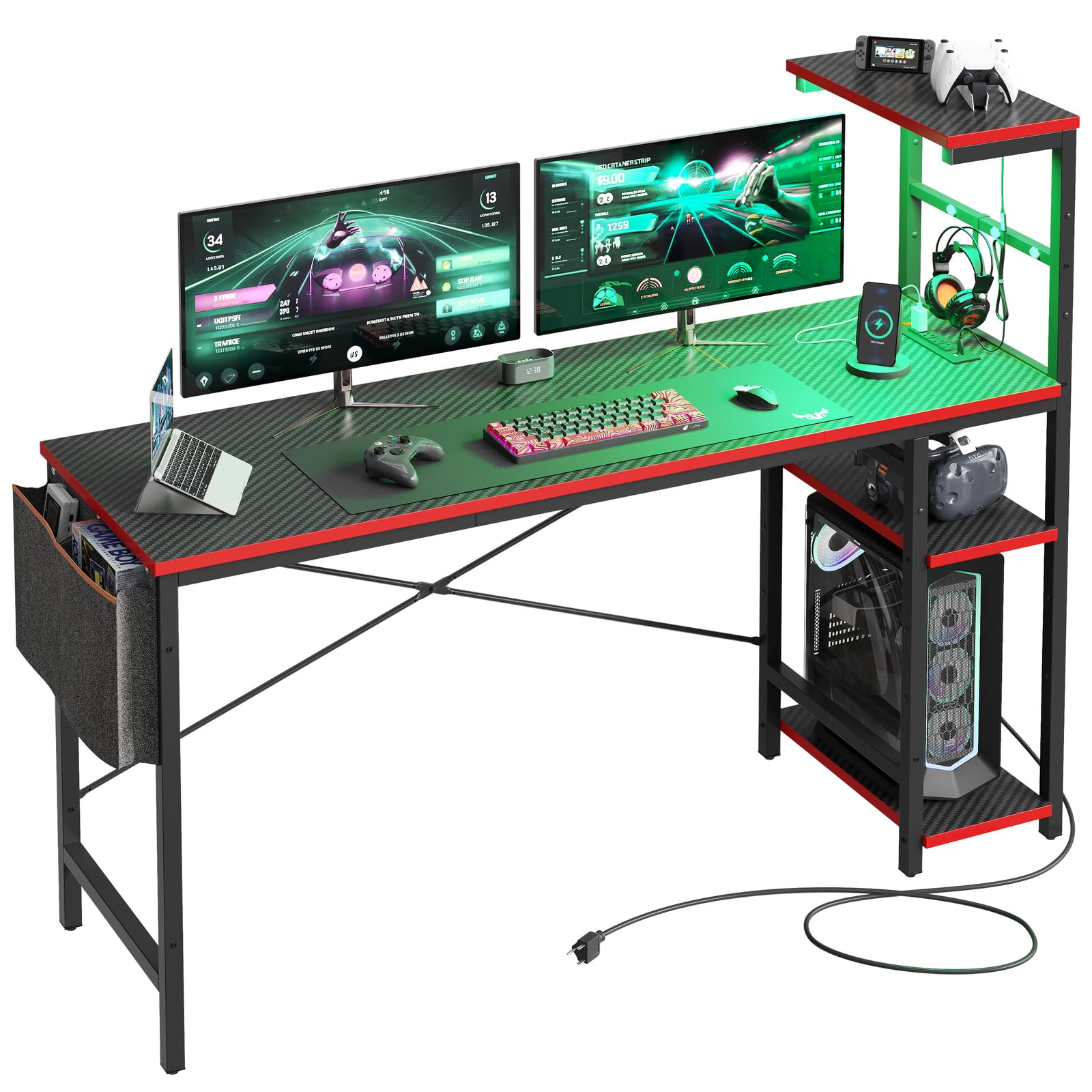 Bestier 61 Inch Gaming Desk with Power Outlets, Large LED Gamer Desk - craques