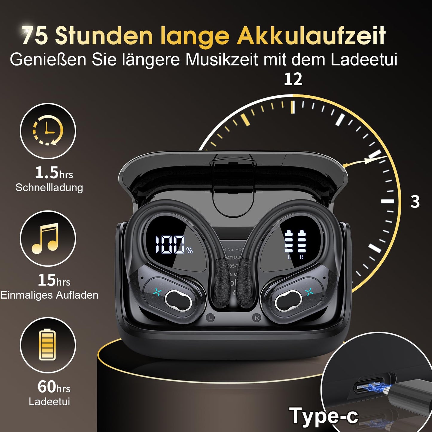 Wireless Earbuds 75hrs Bluetooth 5.4 Headphone Sport