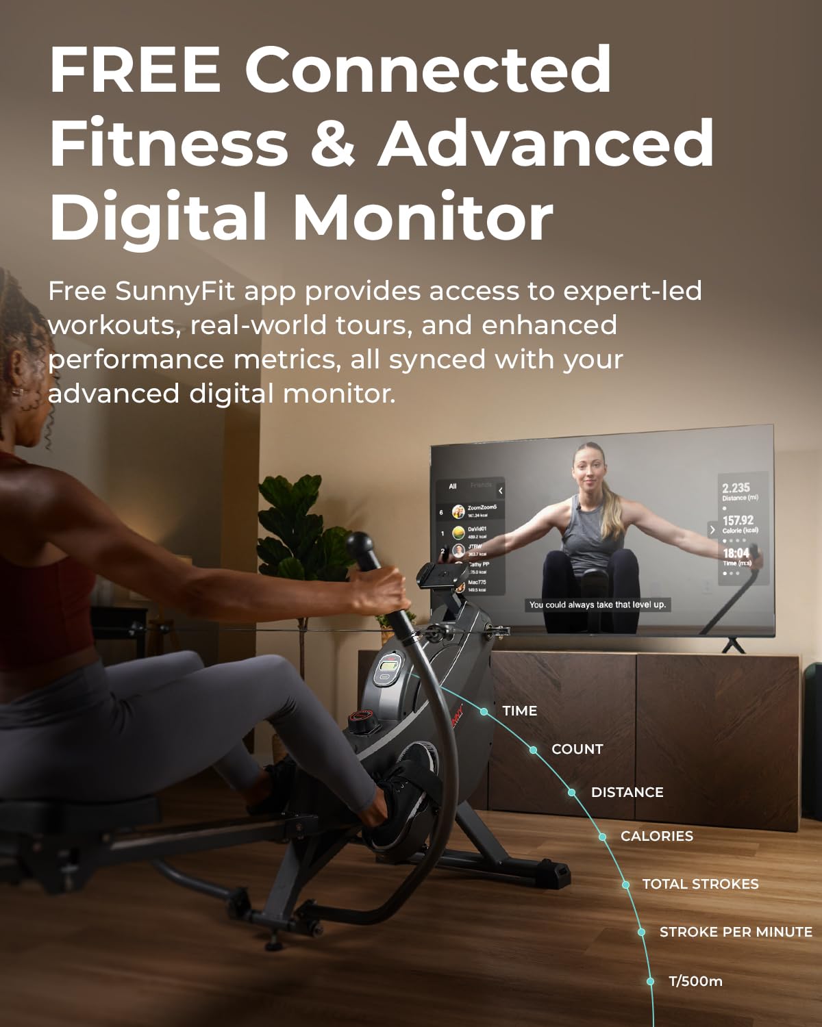 Sunny Health & Fitness Smart Compact Full Motion Rowing Machine, Full-Body Workout - craques