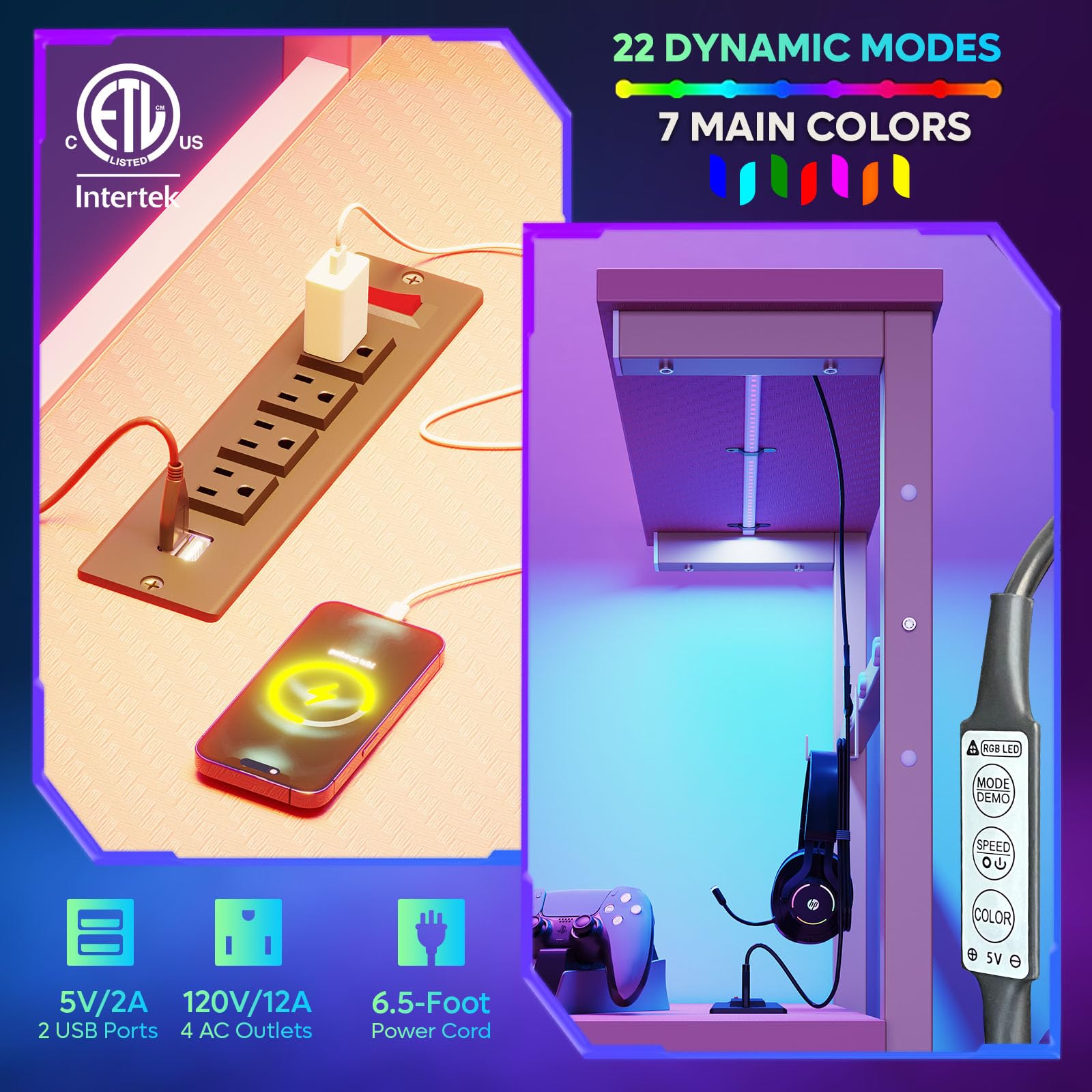 Bestier 61 Inch Gaming Desk with Power Outlets, Large LED Gamer Desk - craques