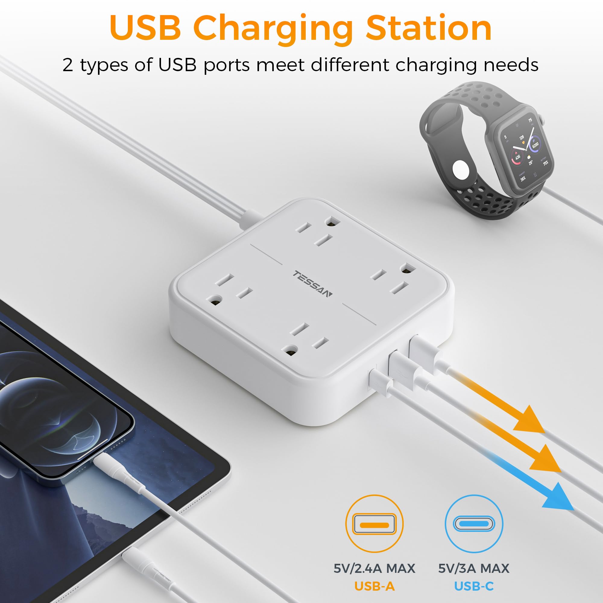 Flat Plug Extension Cord Indoor 5 Feet, Power Bars with Surge Protector - craques