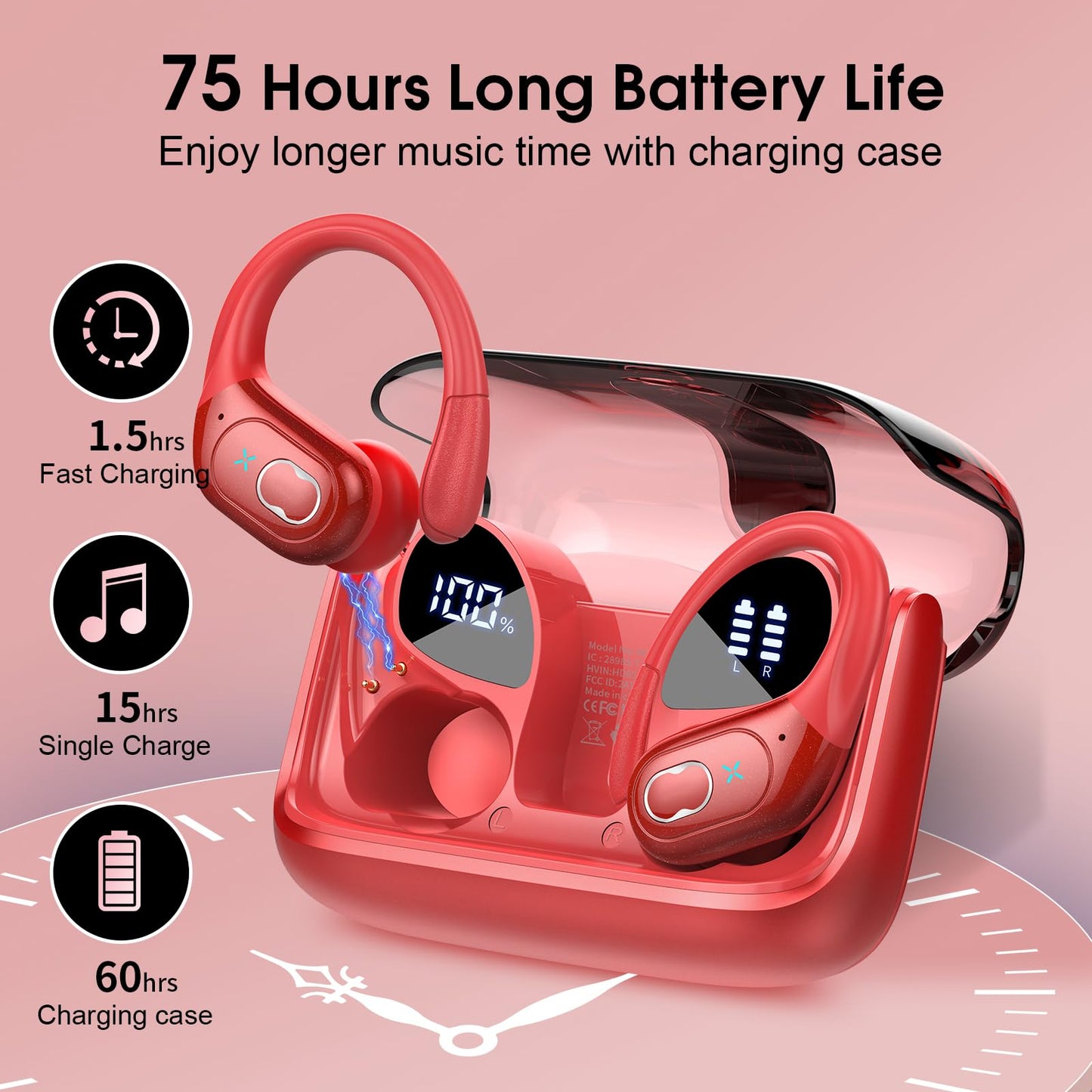 Wireless Earbuds 75hrs Bluetooth 5.4 Headphone Sport