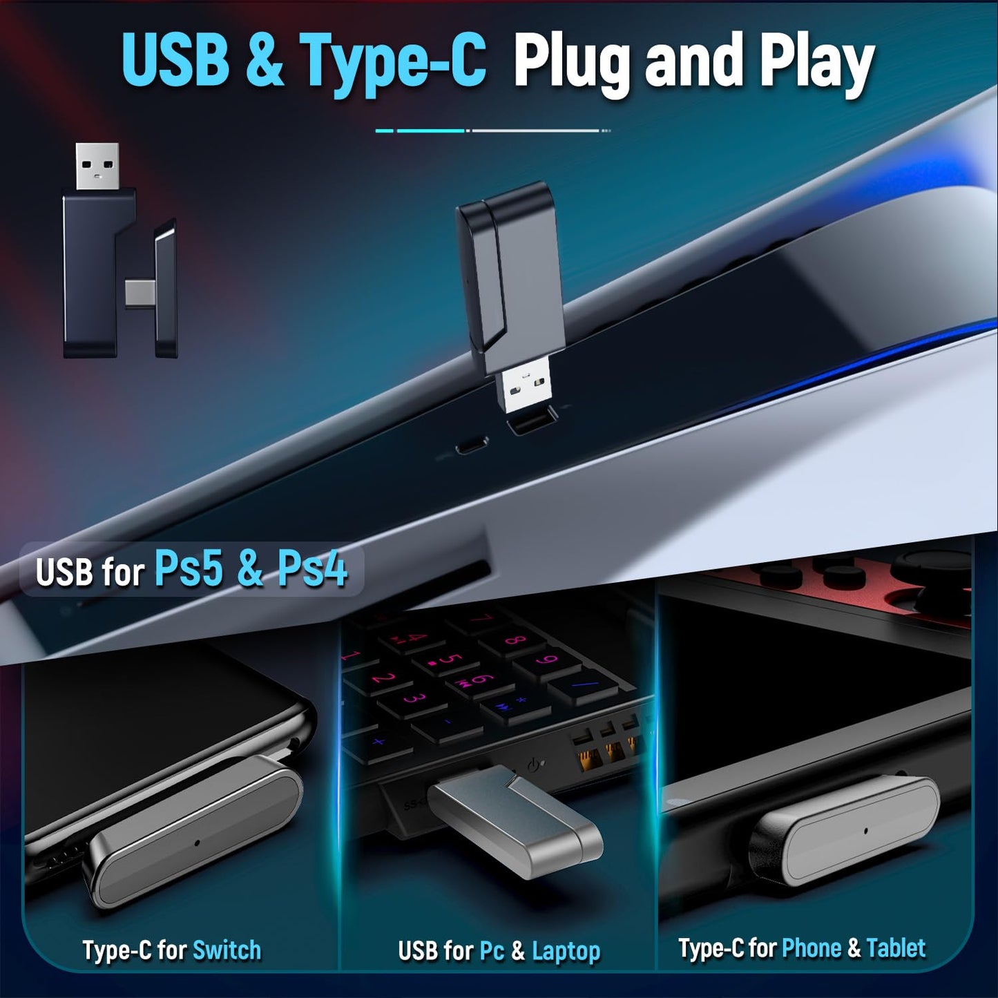 Ozeino Wireless Gaming Headset for PC, Ps5, Ps4 -USB & Type-C