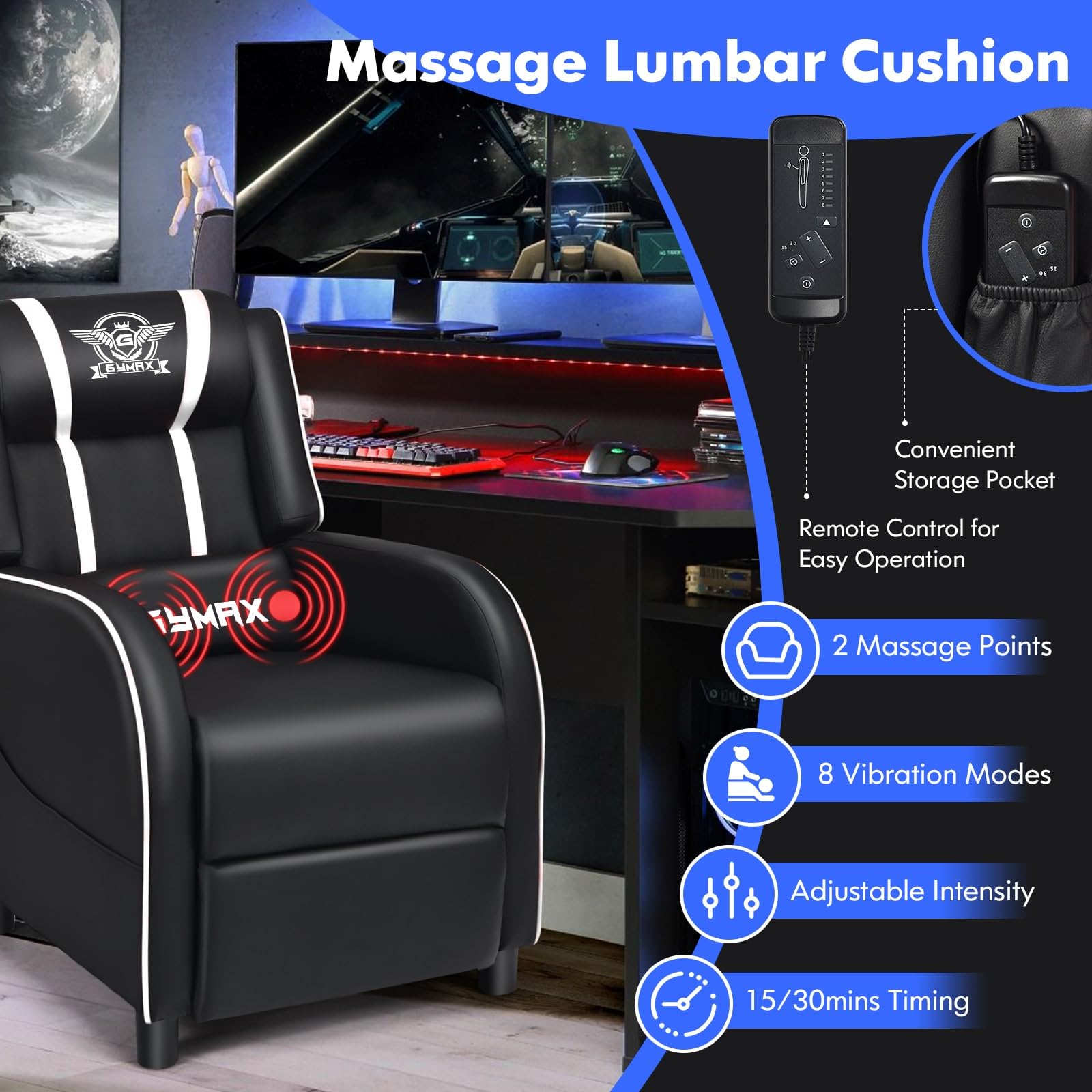 GYMAX Massage Gaming Recliner Chair - craques