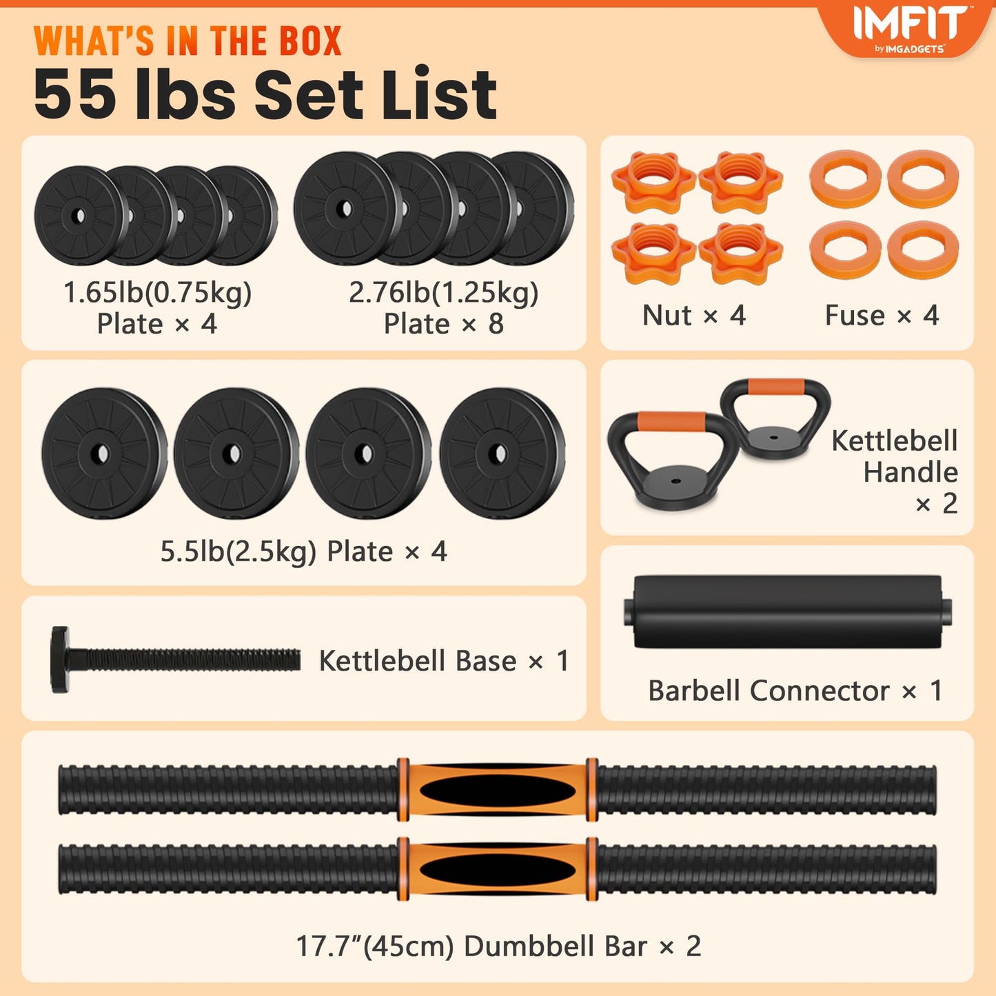 IMFit 5lb-52.5lb Adjustable Dumbbells Single/Pair (Set of 2) with Free Hand Grip