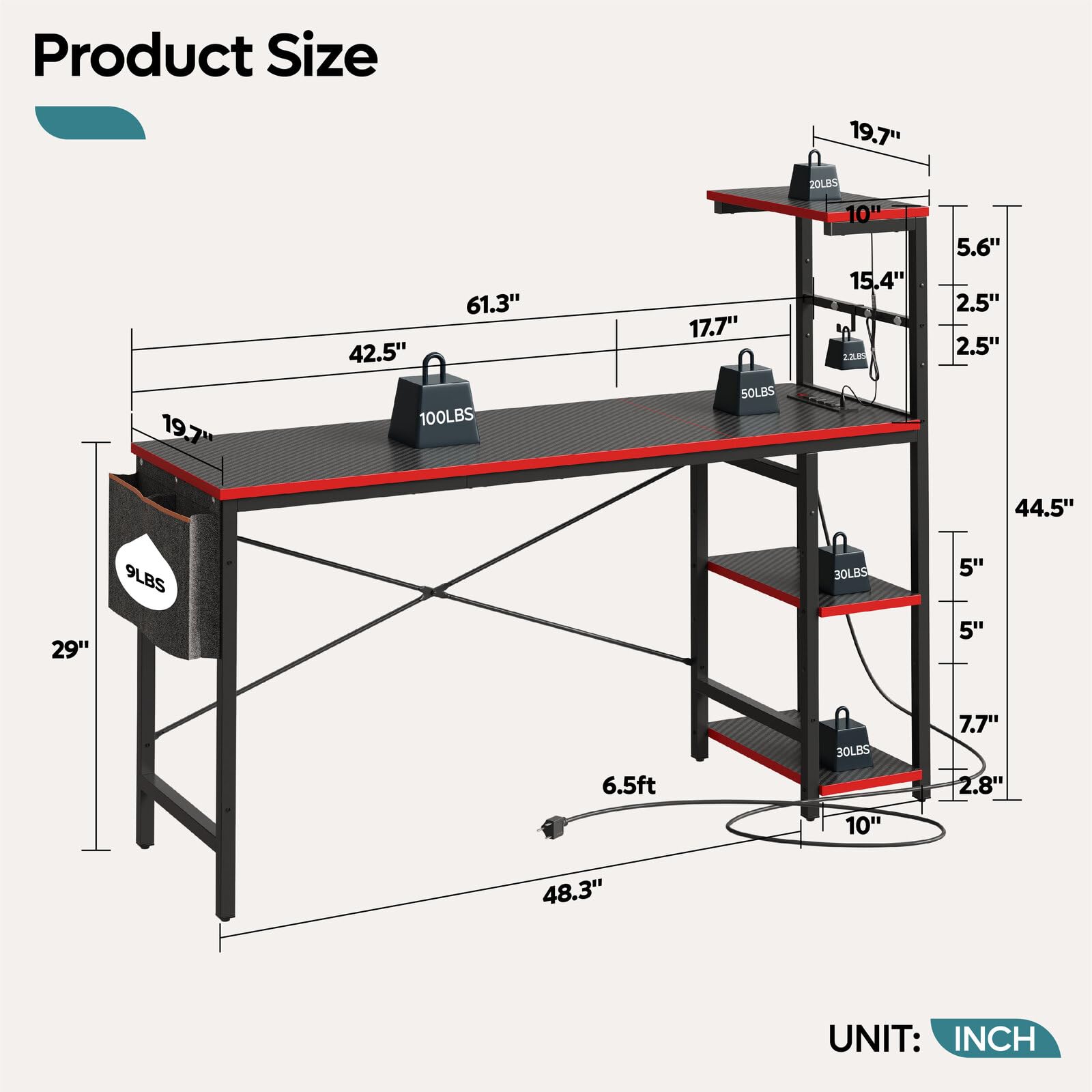 Bestier 61 Inch Gaming Desk with Power Outlets, Large LED Gamer Desk - craques