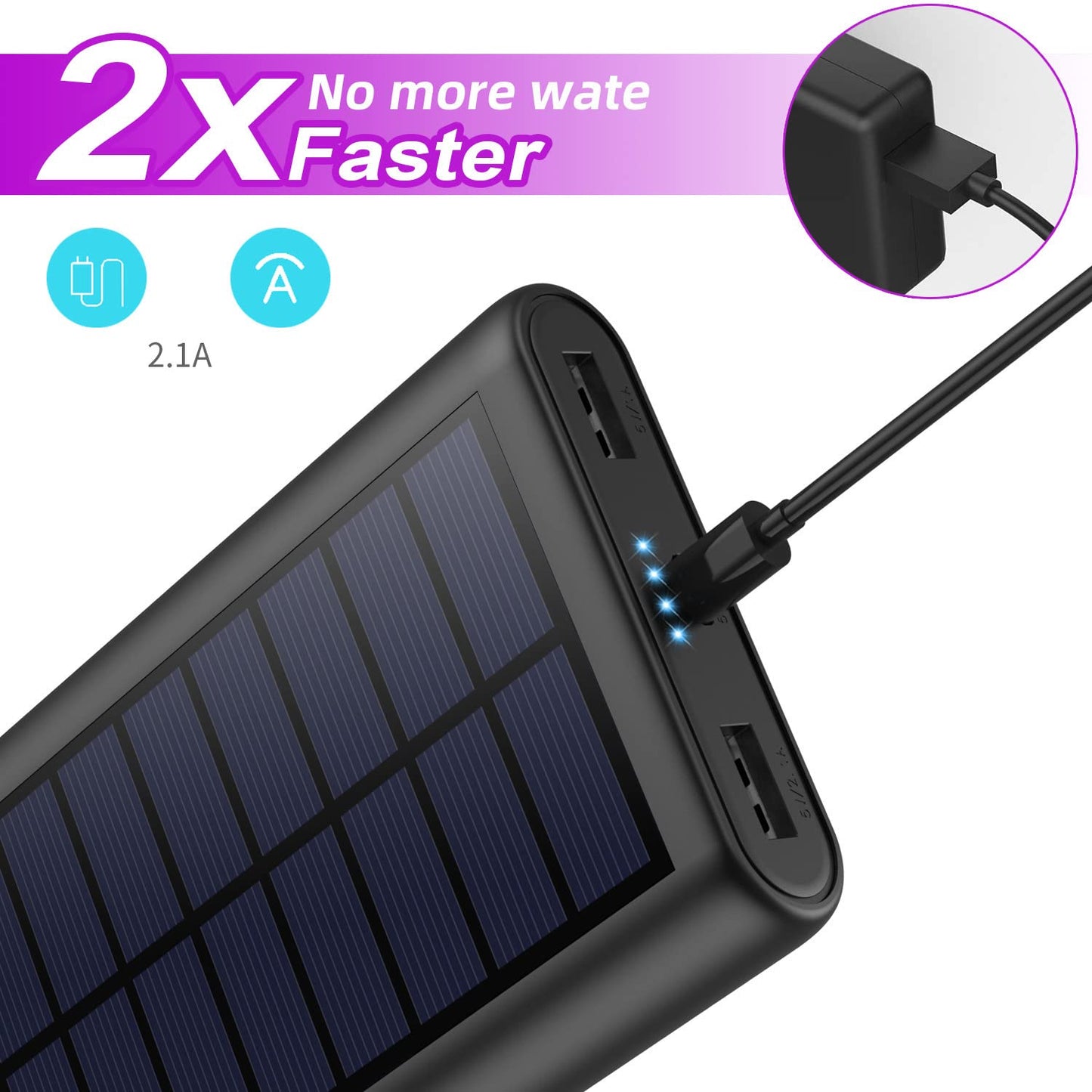 Solar Charger,26800mAh Solar Battery Power Bank Portable Panel Charger with LEDs and 2 USB Output Ports