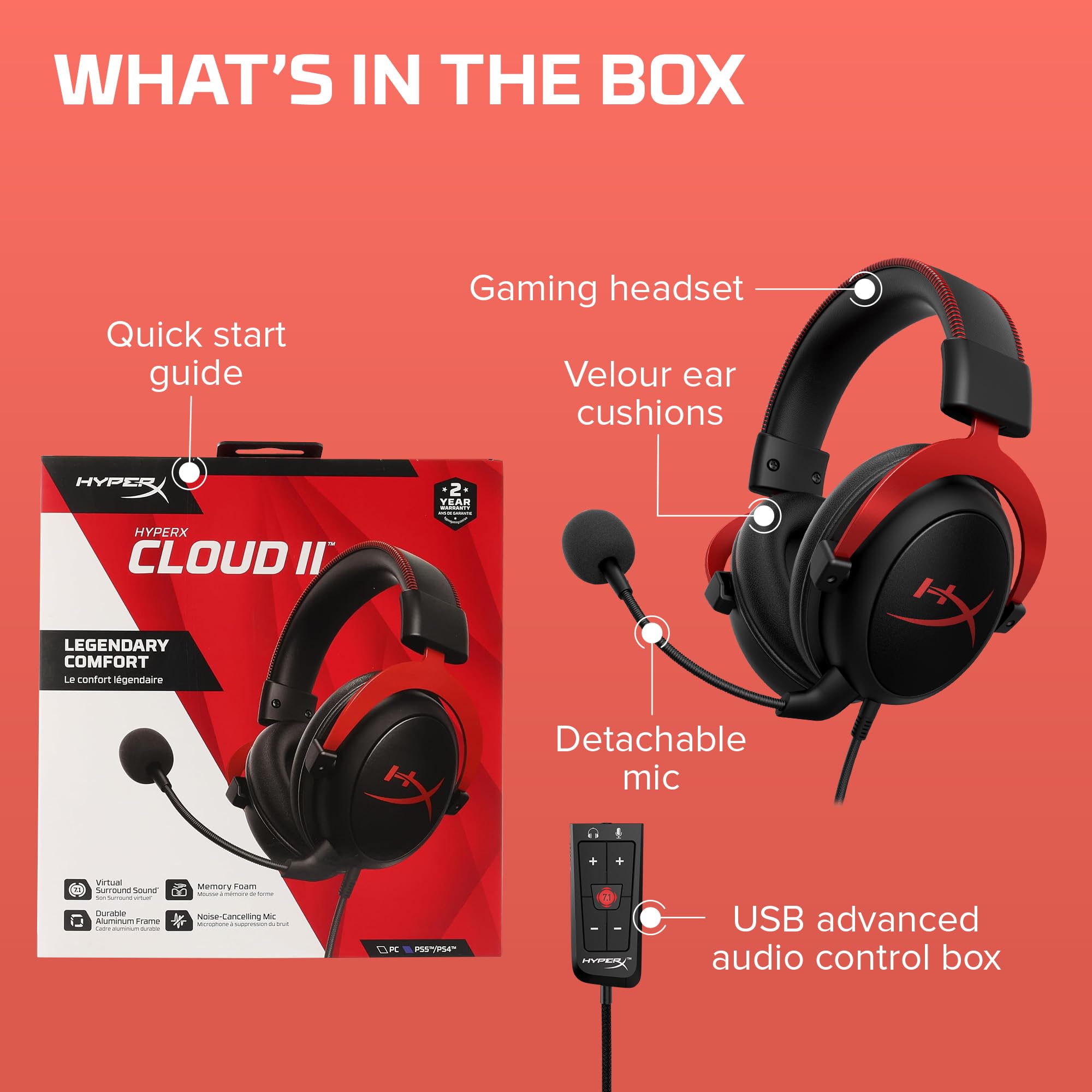 HyperX Cloud II - Gaming Headset, 7.1 Surround Sound, Memory Foam Ear Pads - craques