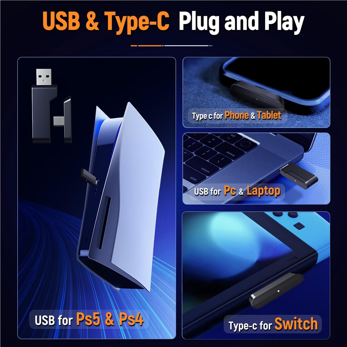 Ozeino Wireless Gaming Headset for PC, Ps5, Ps4 -USB & Type-C