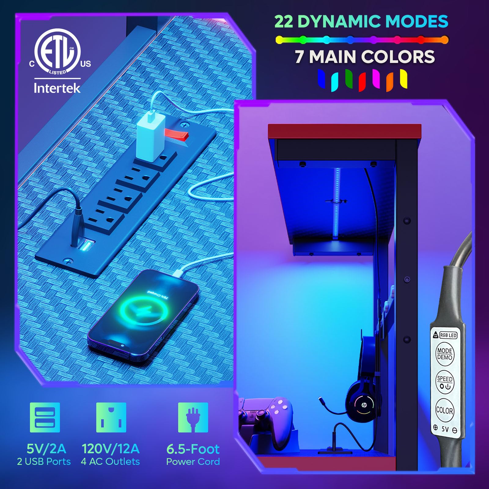 Bestier 61 Inch Gaming Desk with Power Outlets, Large LED Gamer Desk - craques