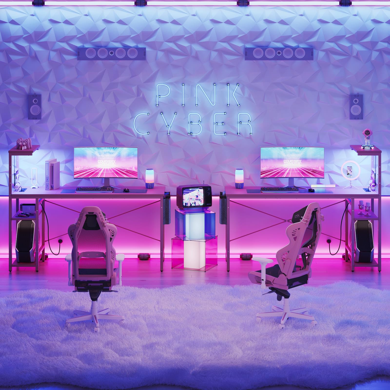 Bestier 61 Inch Gaming Desk with Power Outlets, Large LED Gamer Desk - craques