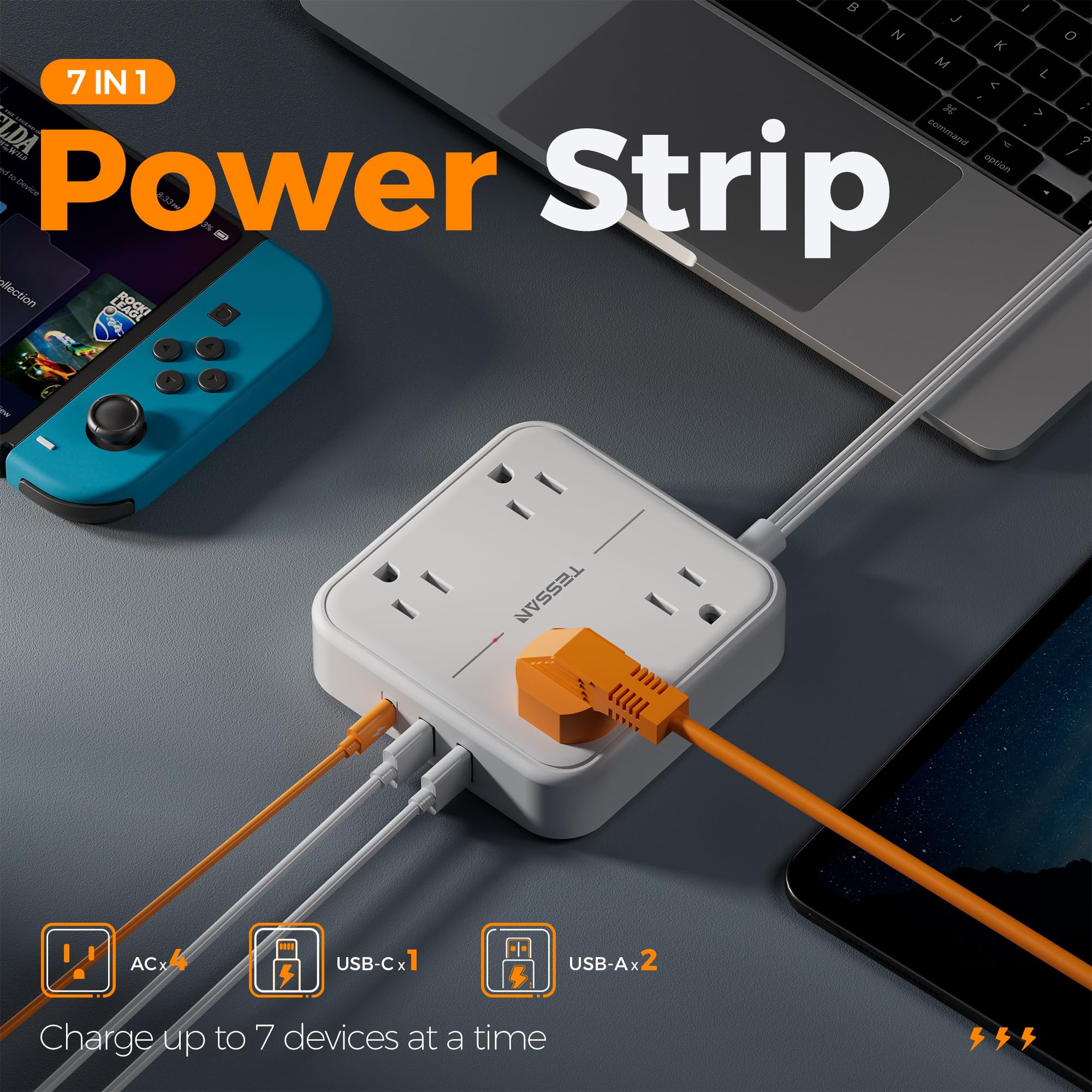 Flat Plug Extension Cord Indoor 5 Feet, Power Bars with Surge Protector - craques
