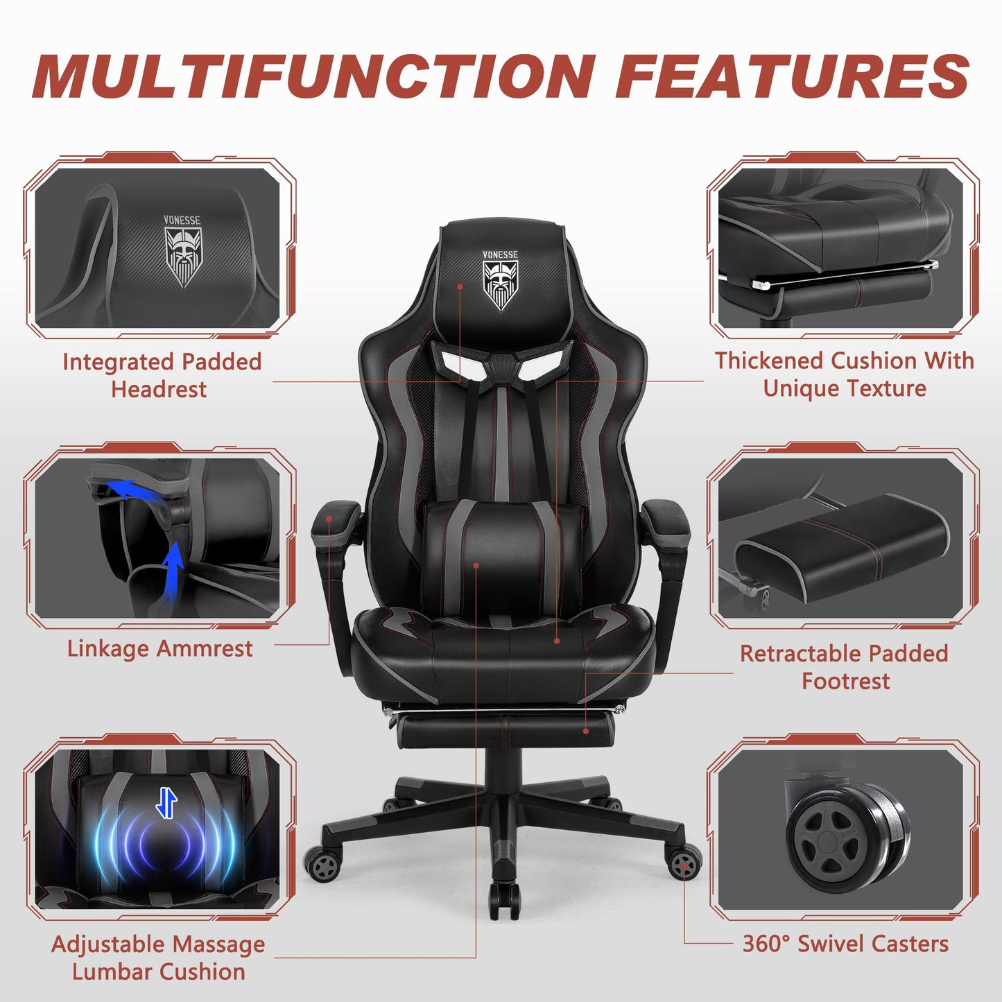 Vonesse Gaming Chair with Footrest Computer Chair