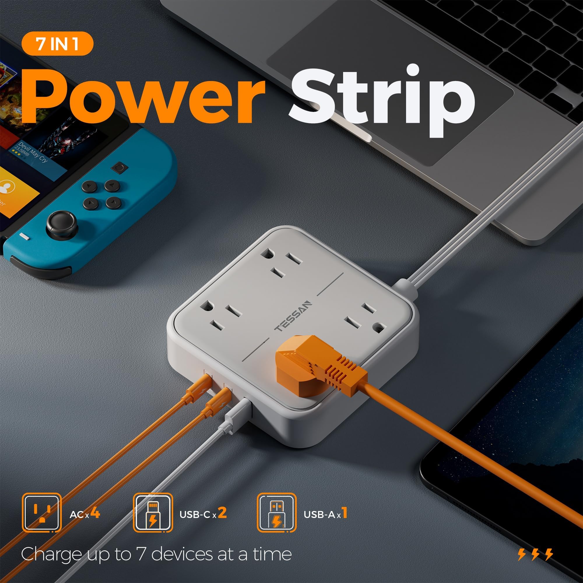 Flat Plug Extension Cord Indoor 5 Feet, Power Bars with Surge Protector - craques