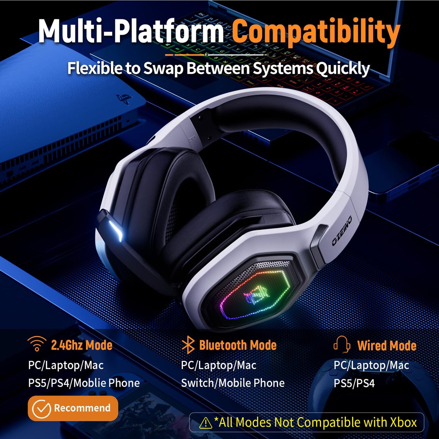 Ozeino Wireless Gaming Headset for PC, Ps5, Ps4 -USB & Type-C
