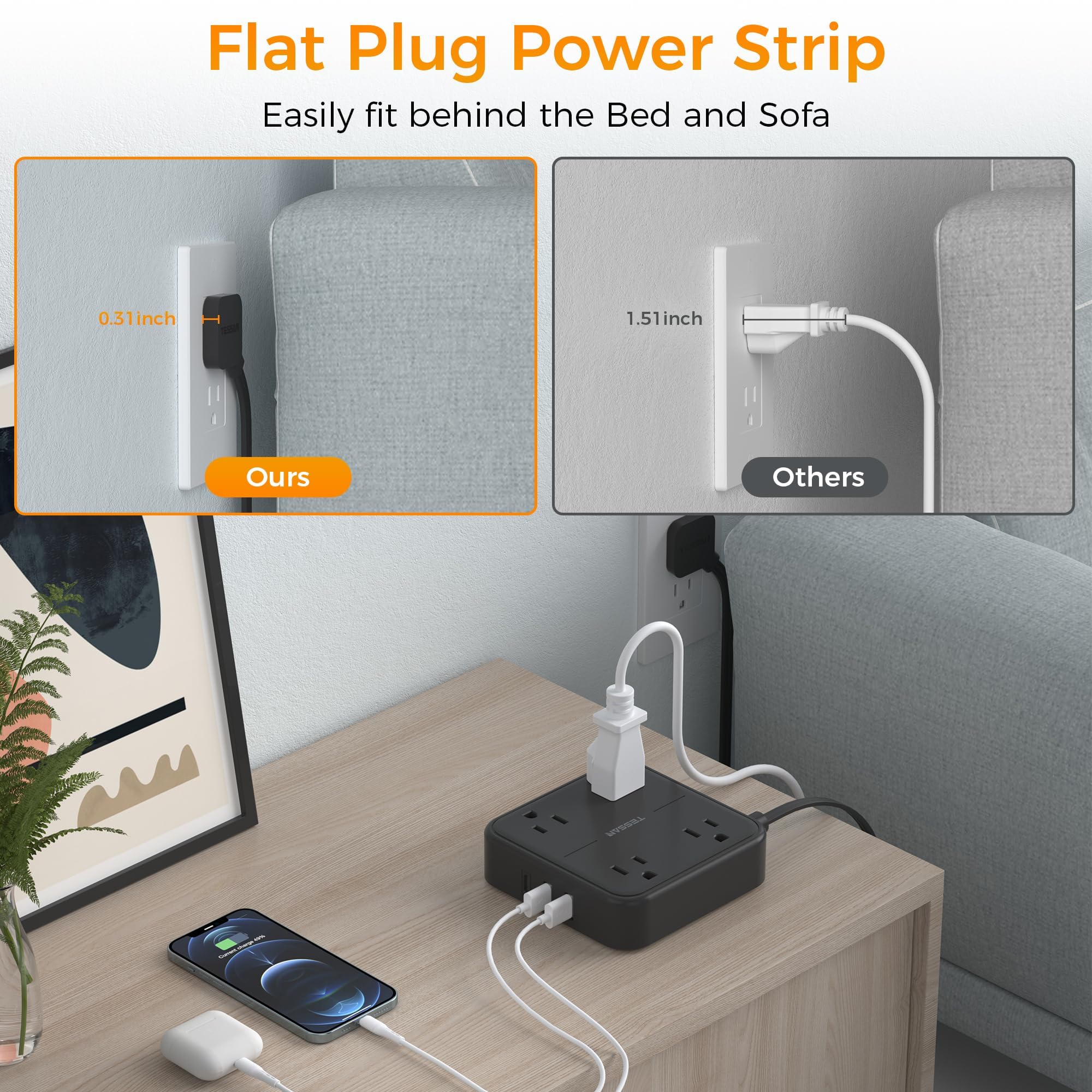 Flat Plug Extension Cord Indoor 5 Feet, Power Bars with Surge Protector - craques