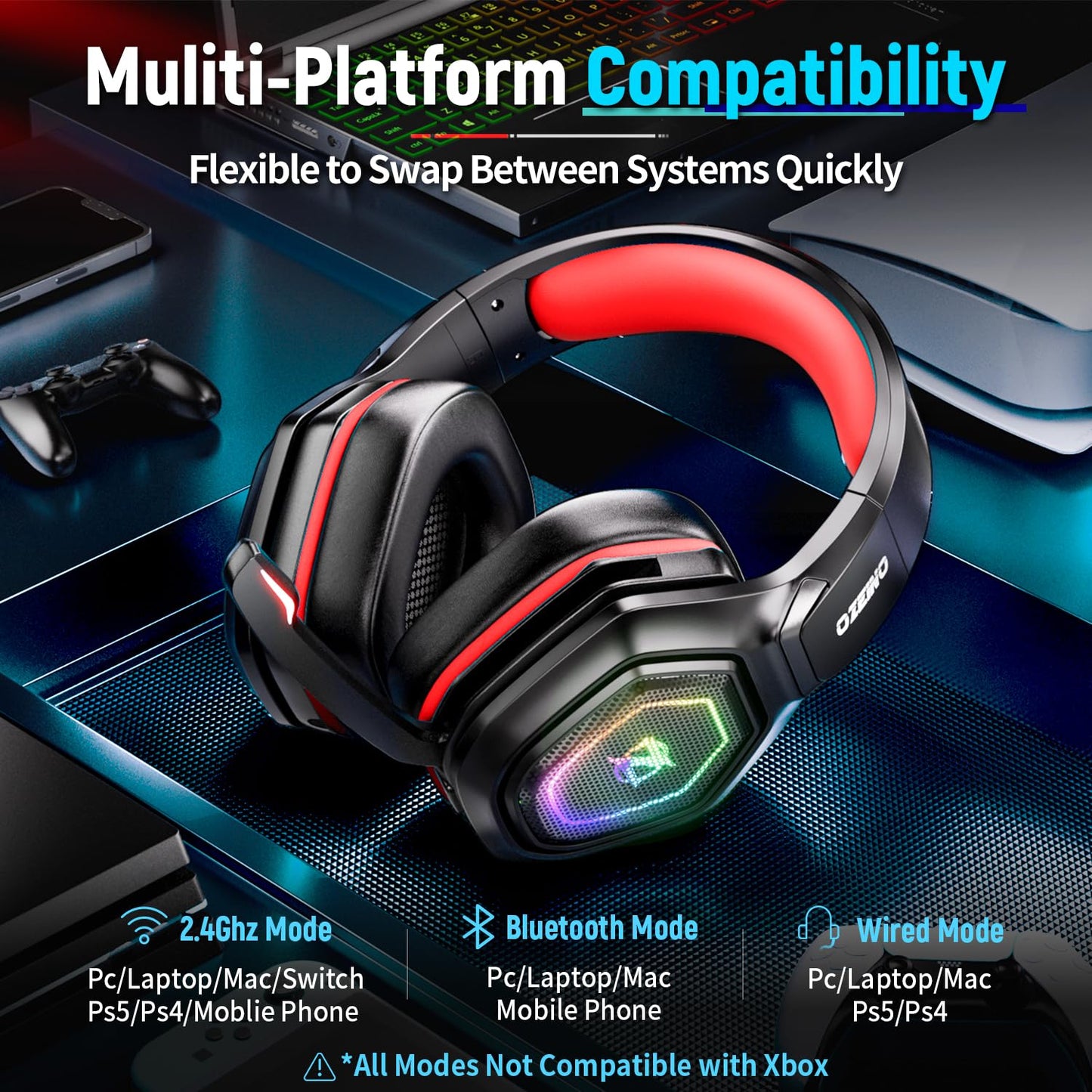 Ozeino Wireless Gaming Headset for PC, Ps5, Ps4 -USB & Type-C