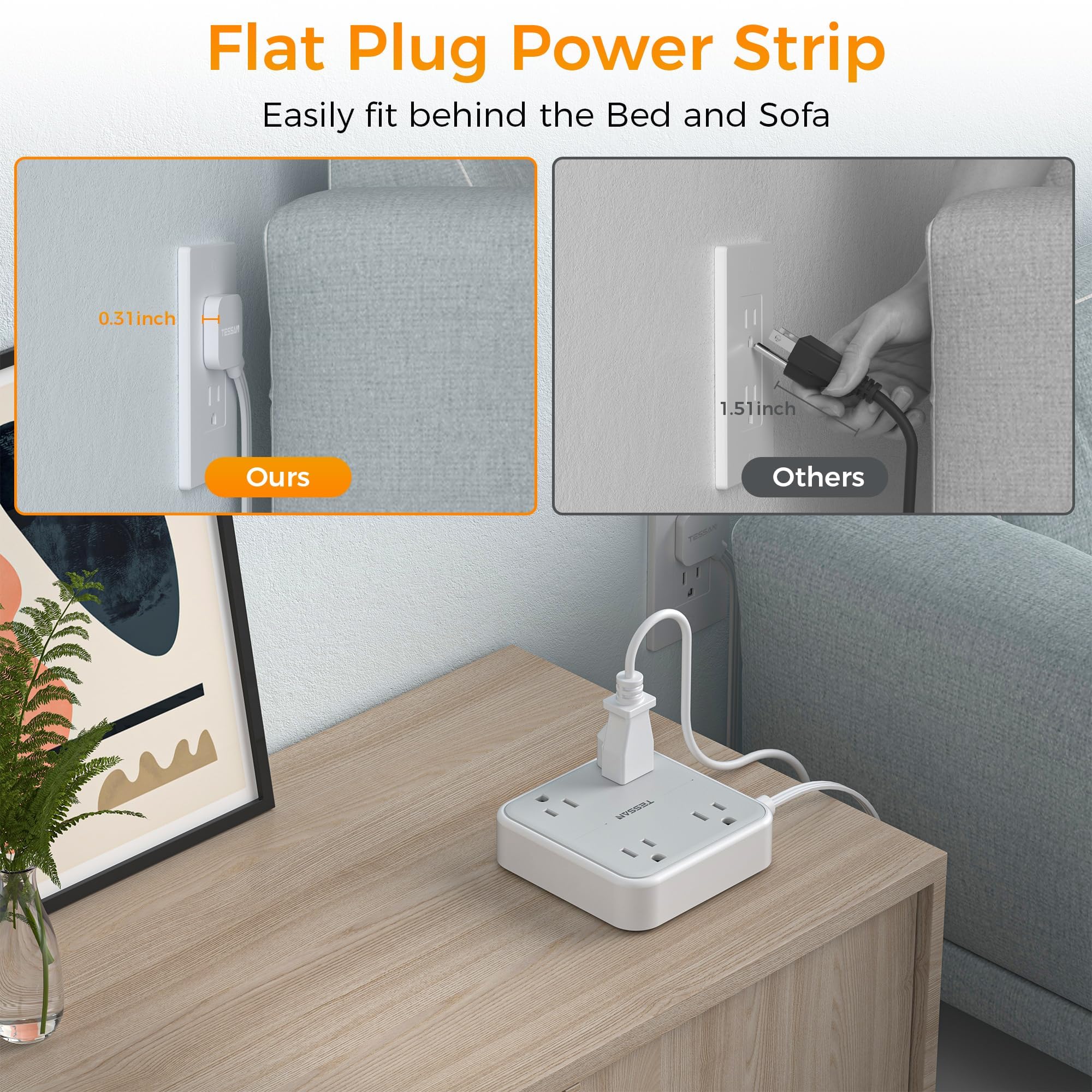 Flat Plug Extension Cord Indoor 5 Feet, Power Bars with Surge Protector - craques