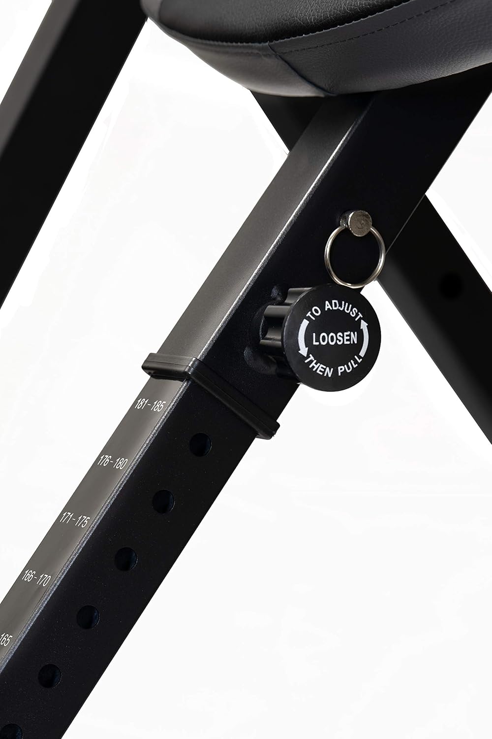 Close up of adjustable tension knob on black heavy duty inversion table by craques