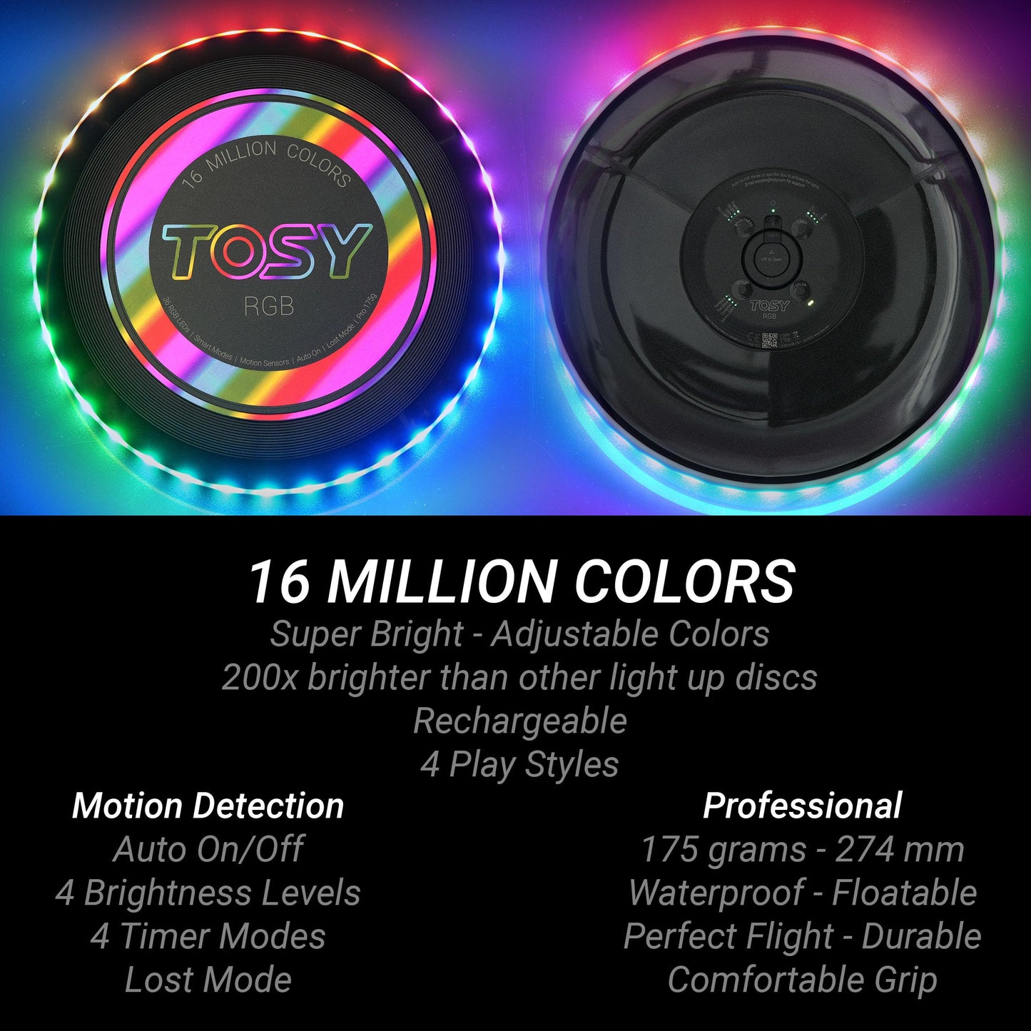 TOSY Flying Disc - 16 Million Color RGB or 36 LEDs, Extremely Bright, Smart Modes
