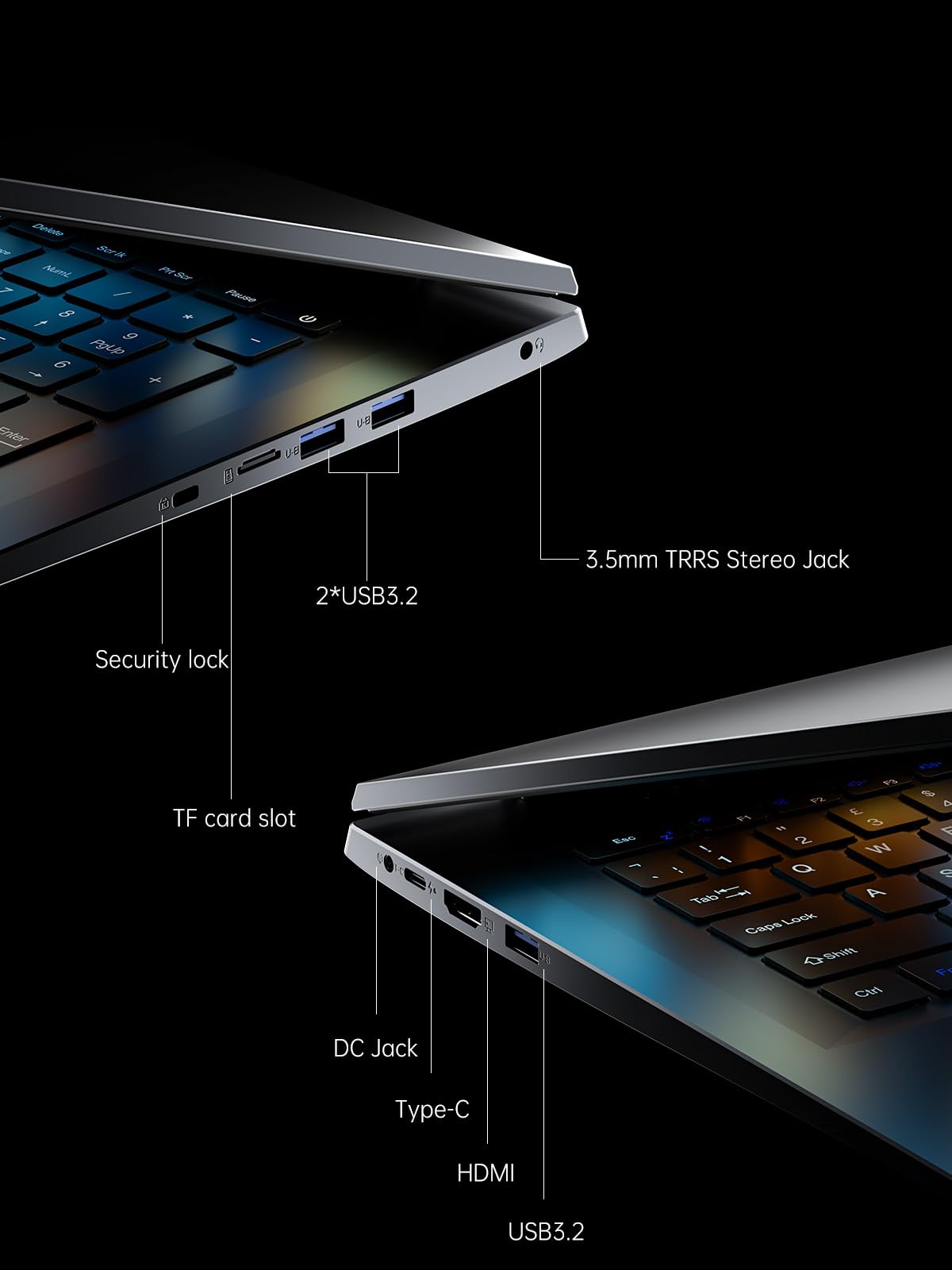 Close-up of 18.5-inch Intel laptop ports including USB3.2, Type-C, HDMI, TF card slot, and audio jack